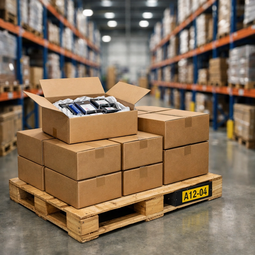 Sturdy pallets of wholesale inventory in a clean warehouse showing professional B2B shipping logistics.