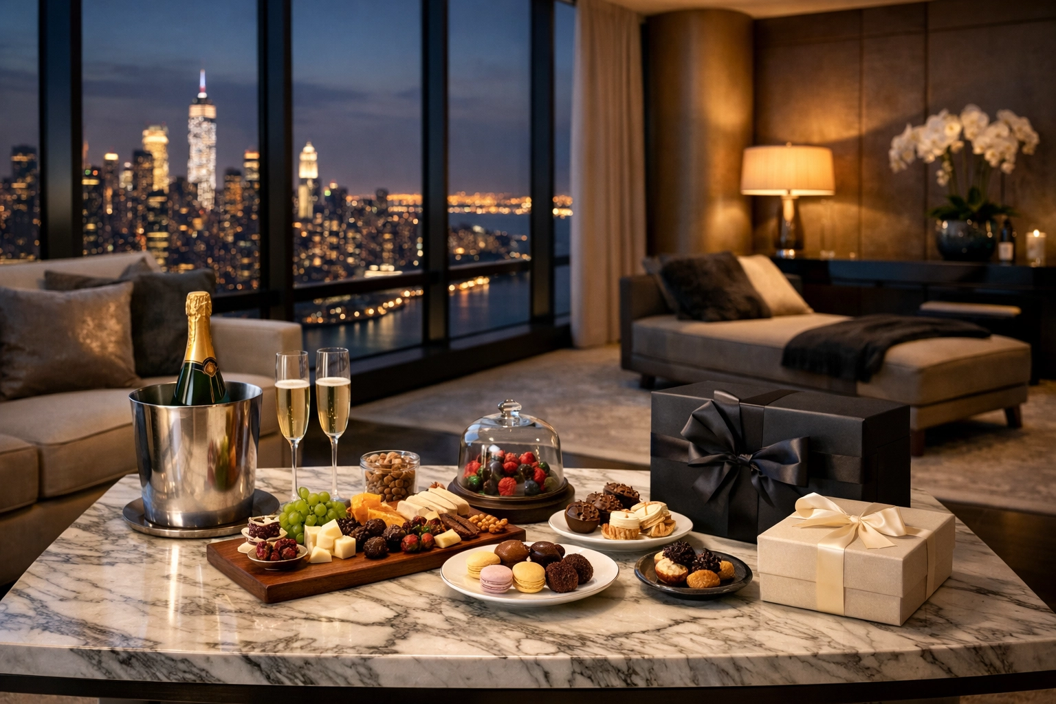 Luxury hotel penthouse suite with city views prepared for VIP executive hospitality and comfort.