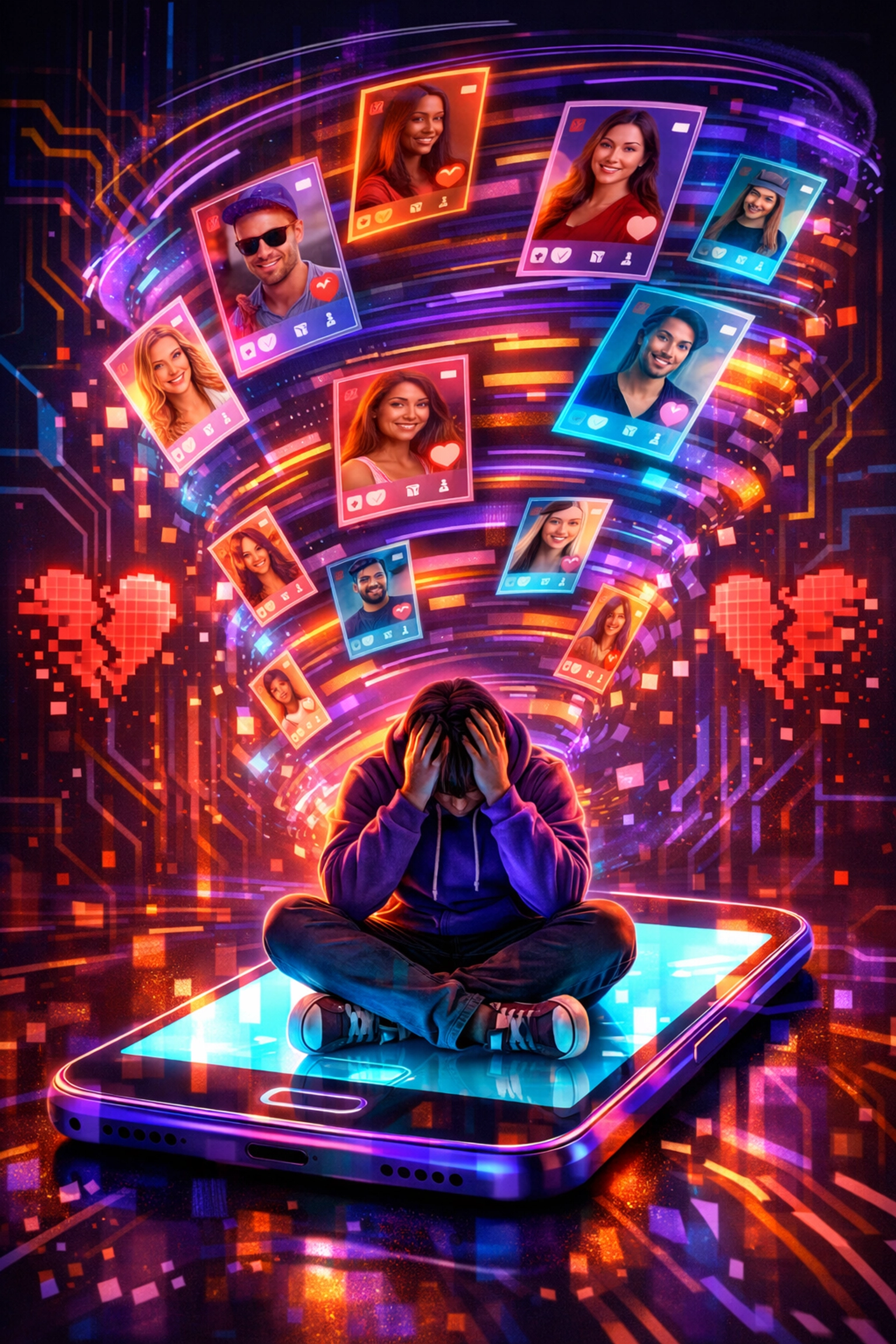 Person overwhelmed by dating app fatigue surrounded by endless profile cards and notifications