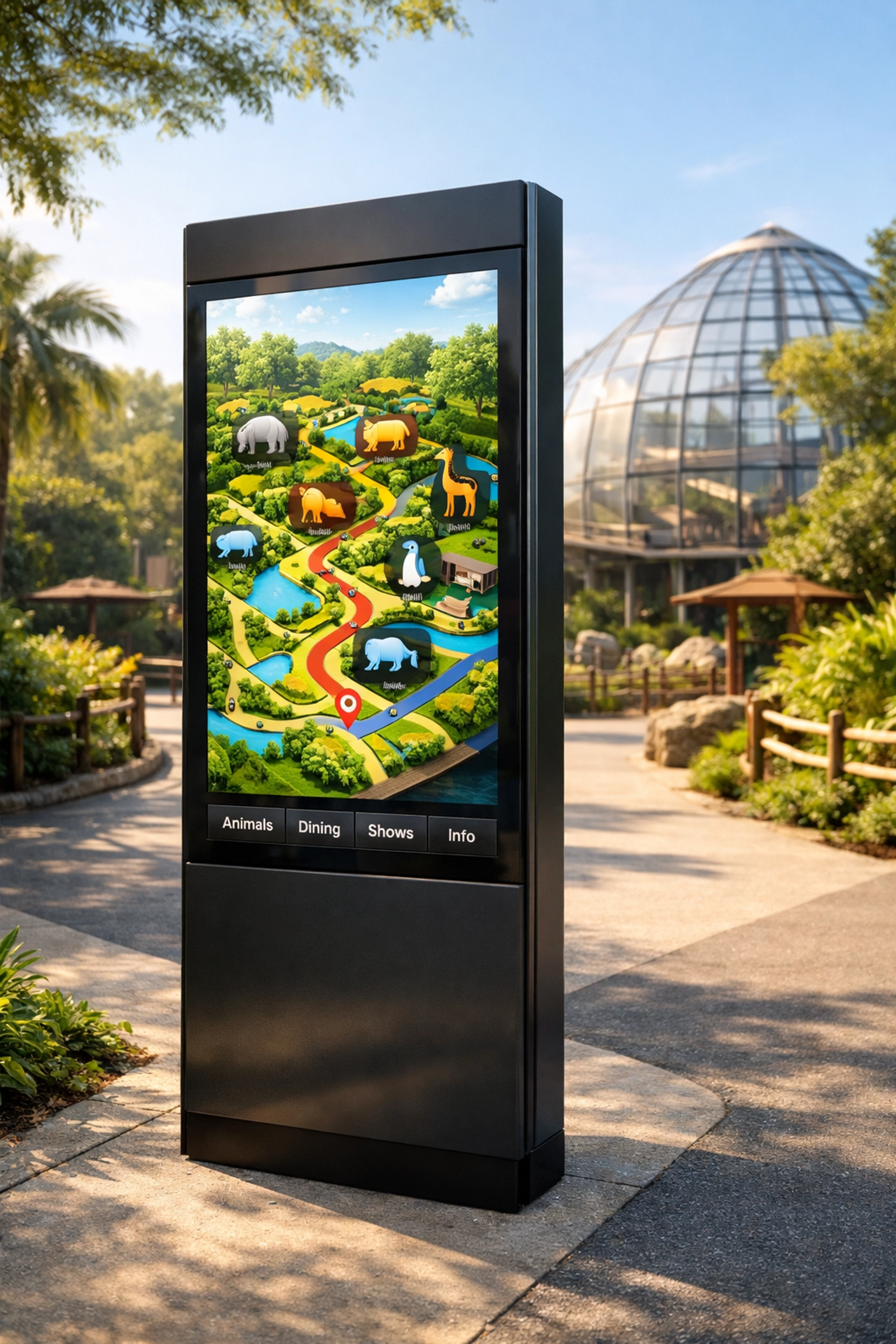 Modern digital wayfinding kiosk with an interactive map located in a sunny zoo park for easy visitor navigation.