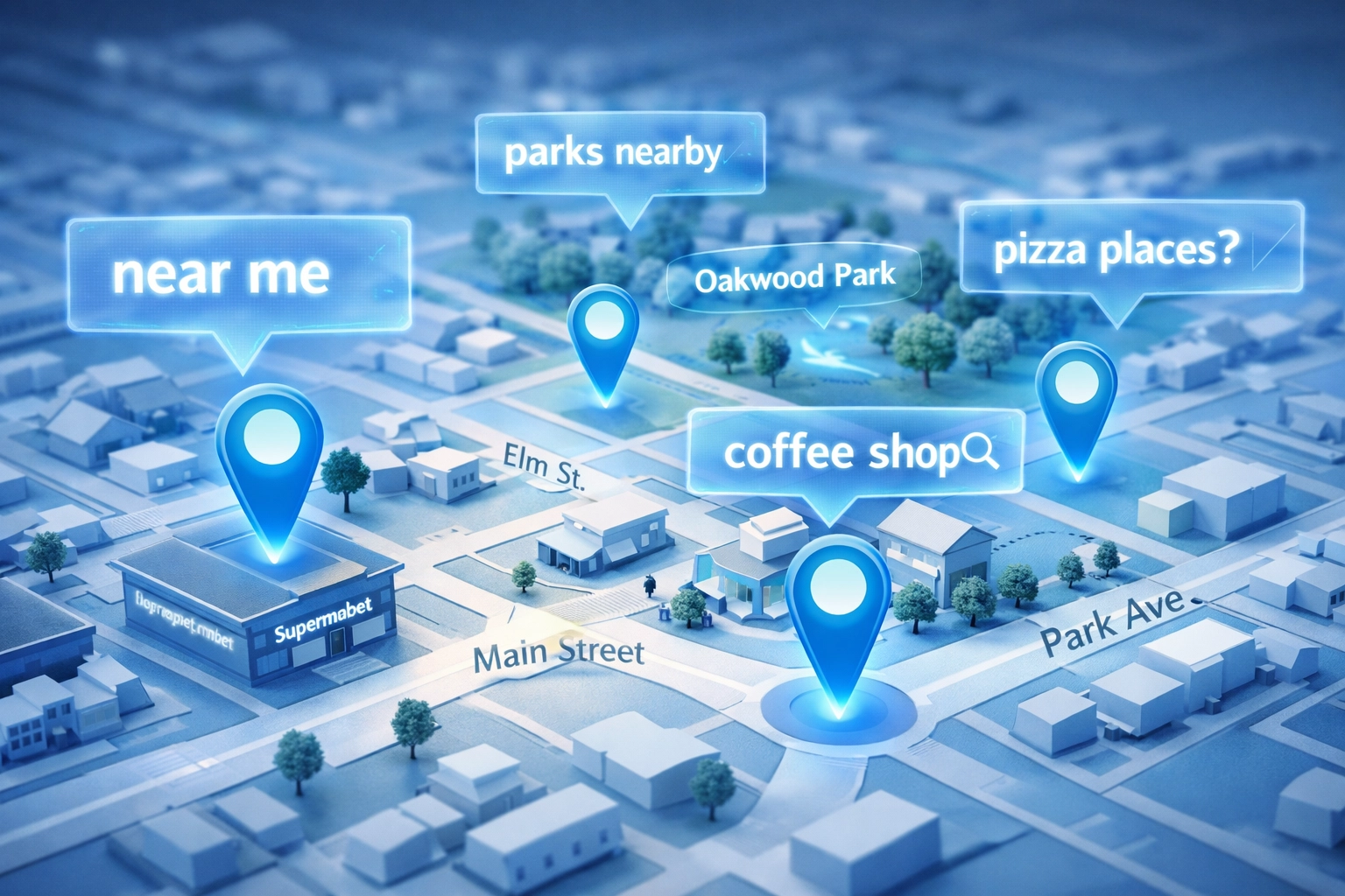 Local SEO map showing hyperlocal keyword targeting and near me search queries for businesses