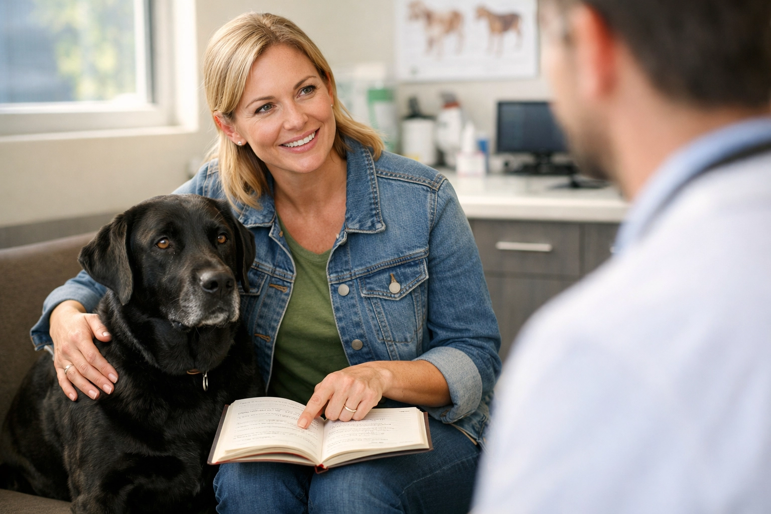 A pet parent sharing notes from a dog cancer journal with a veterinarian during an oncology exam.