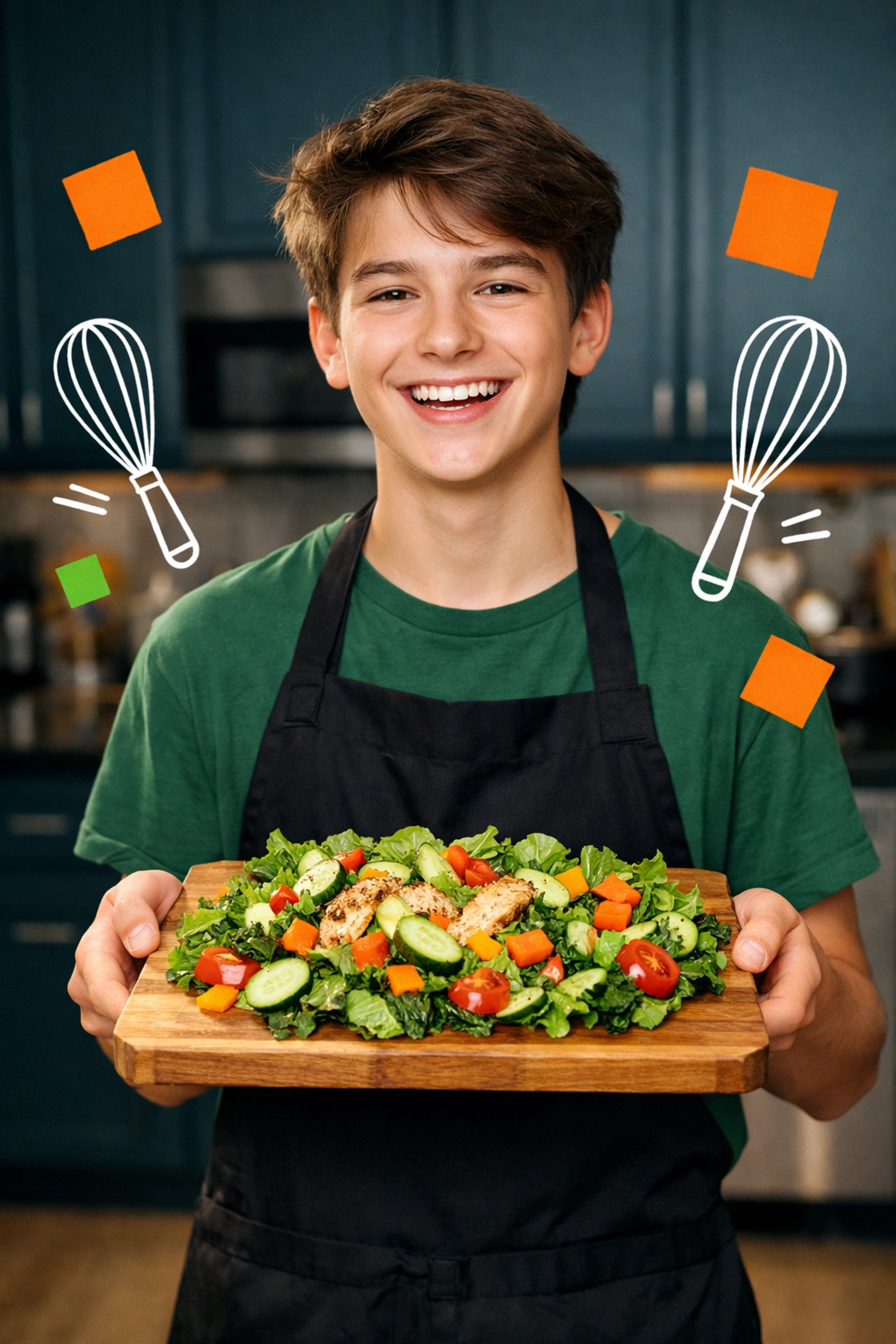 A teenage boy proudly preparing a meal, demonstrating real-world independence and practical life skills.
