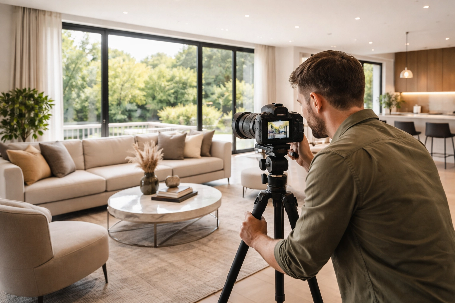 Real estate photographer capturing a bright, modern luxury home interior with plenty of natural light.