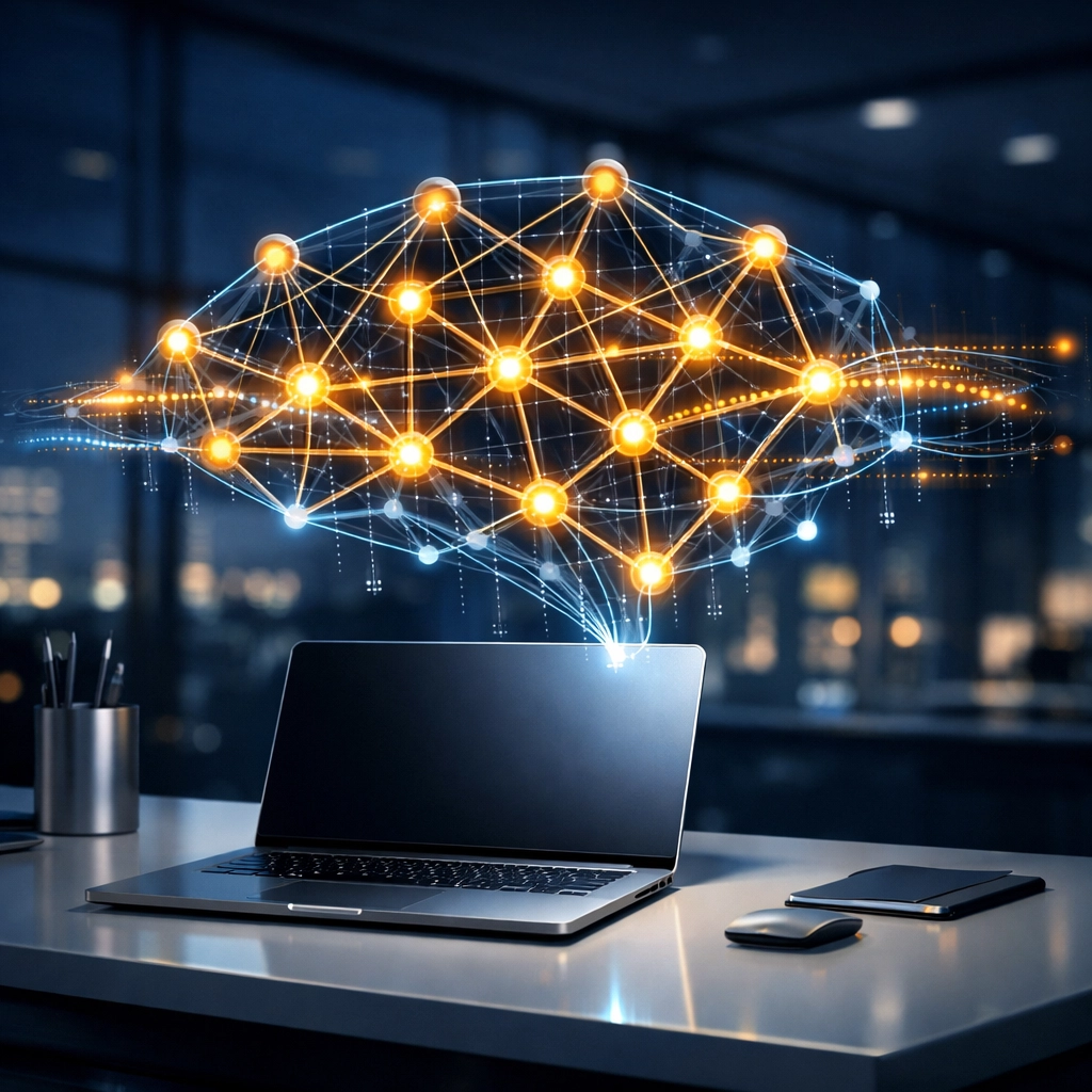 Holographic neural network above a laptop representing an AI-driven automated business workflow.
