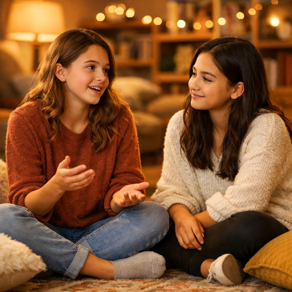 Two teenage girls connect in a supportive environment at a youth residential treatment center.