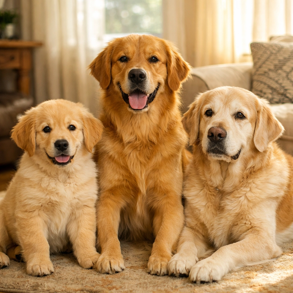 Three Golden Retrievers at different life stages: puppy, adult, and senior dog