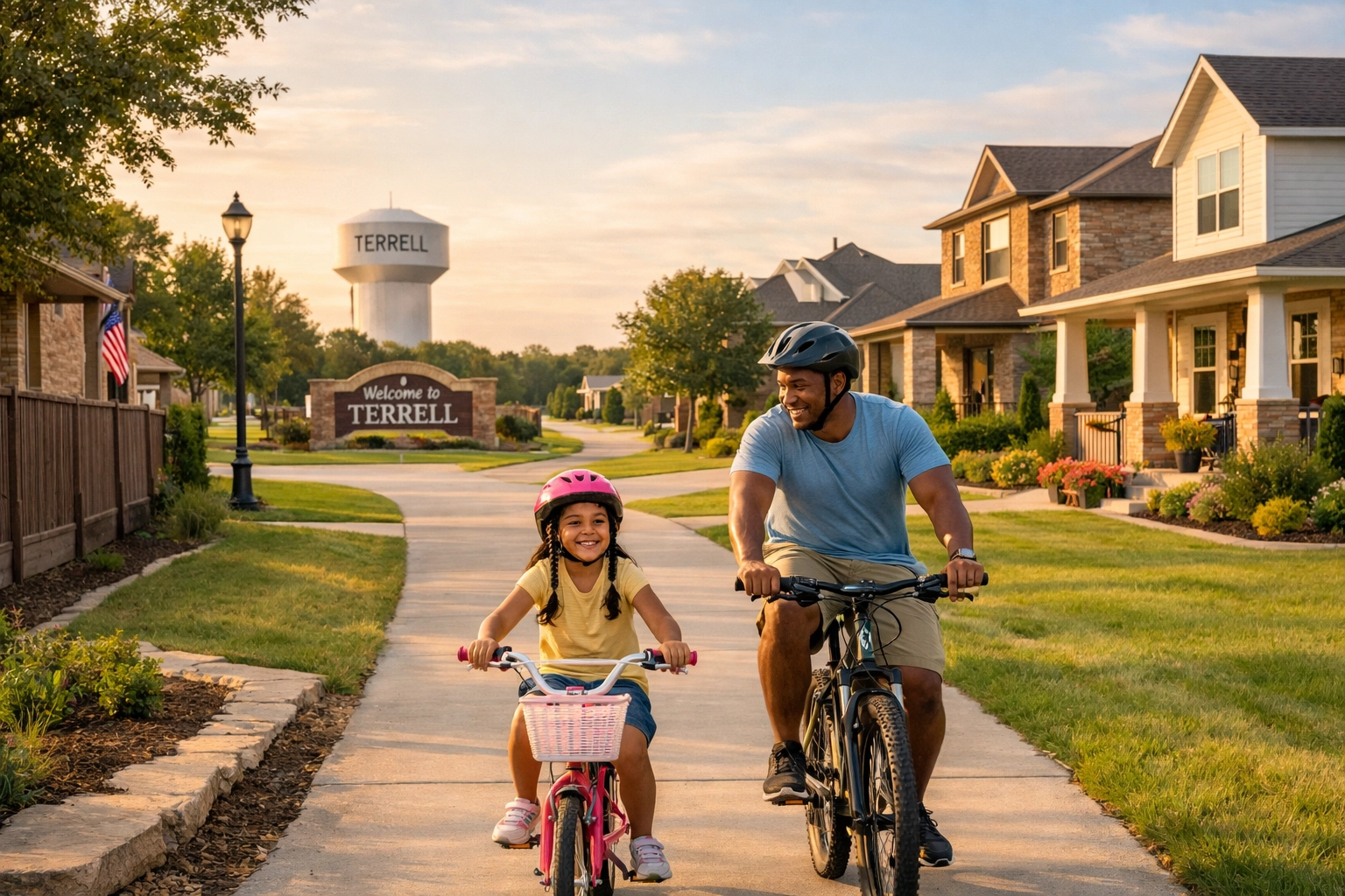 A happy family riding bicycles on a quiet, sun-drenched residential street in Terrell, Texas.