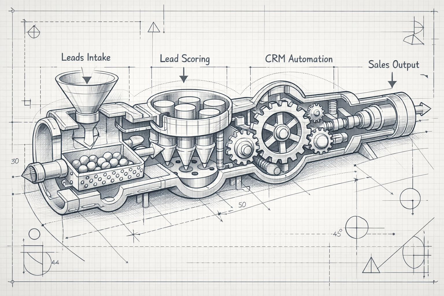 Architectural blueprint of a digital sales engine showing pipeline automation and lead scoring systems.