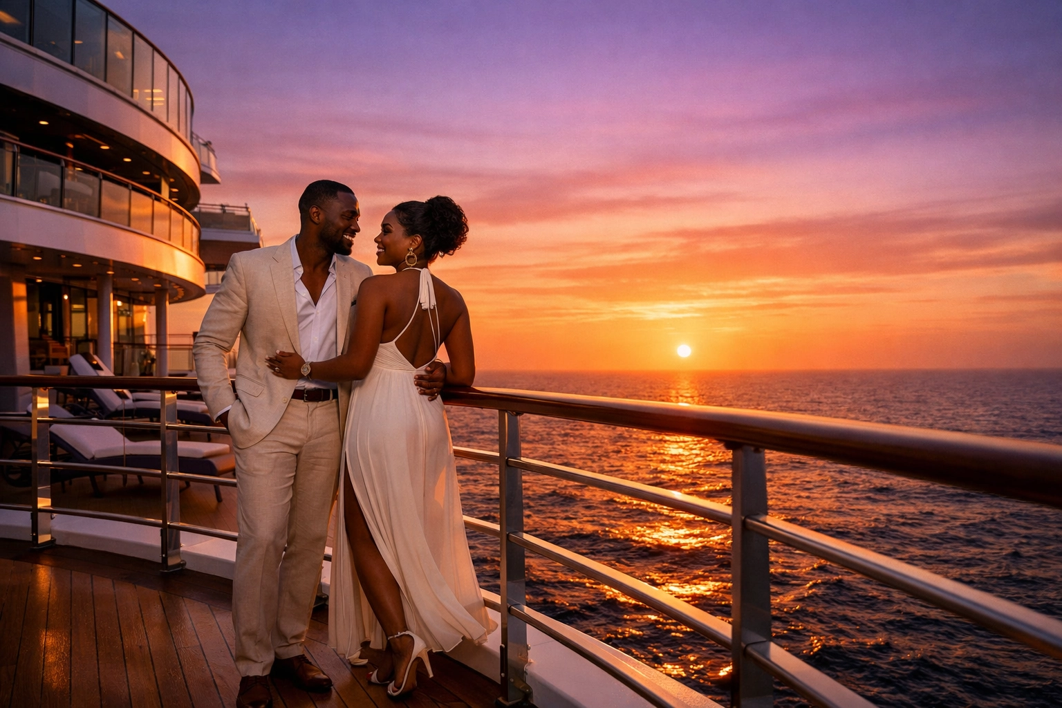 A couple enjoys a sunset at sea after planning their trip with an expert lifestyle cruises travel agent.