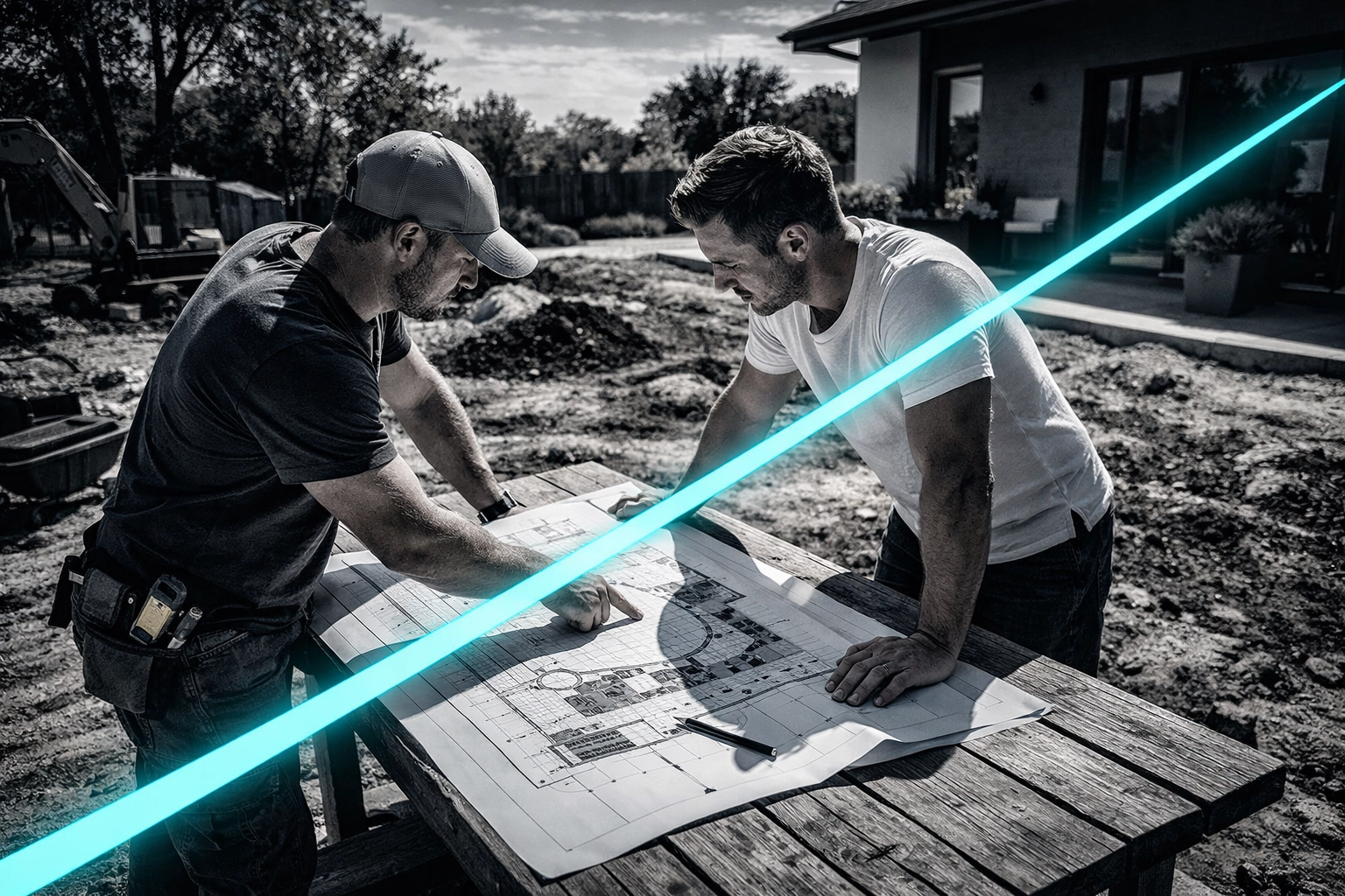 Landscape contractor and homeowner reviewing blueprints, emphasizing geographic targeting for local lead generation.