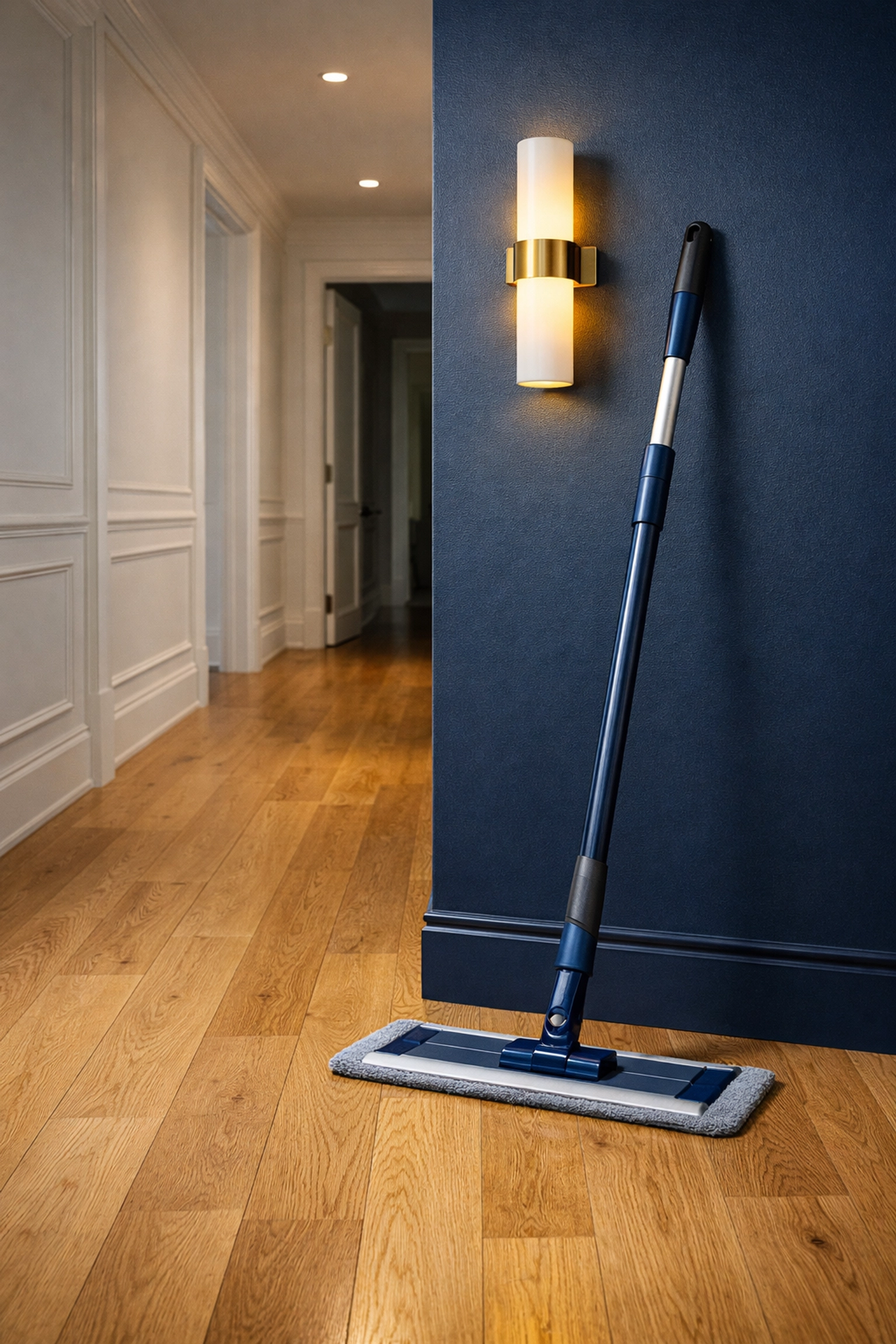 A professional microfiber mop on light oak floors, highlighting safe cleaning tools for hardwood.