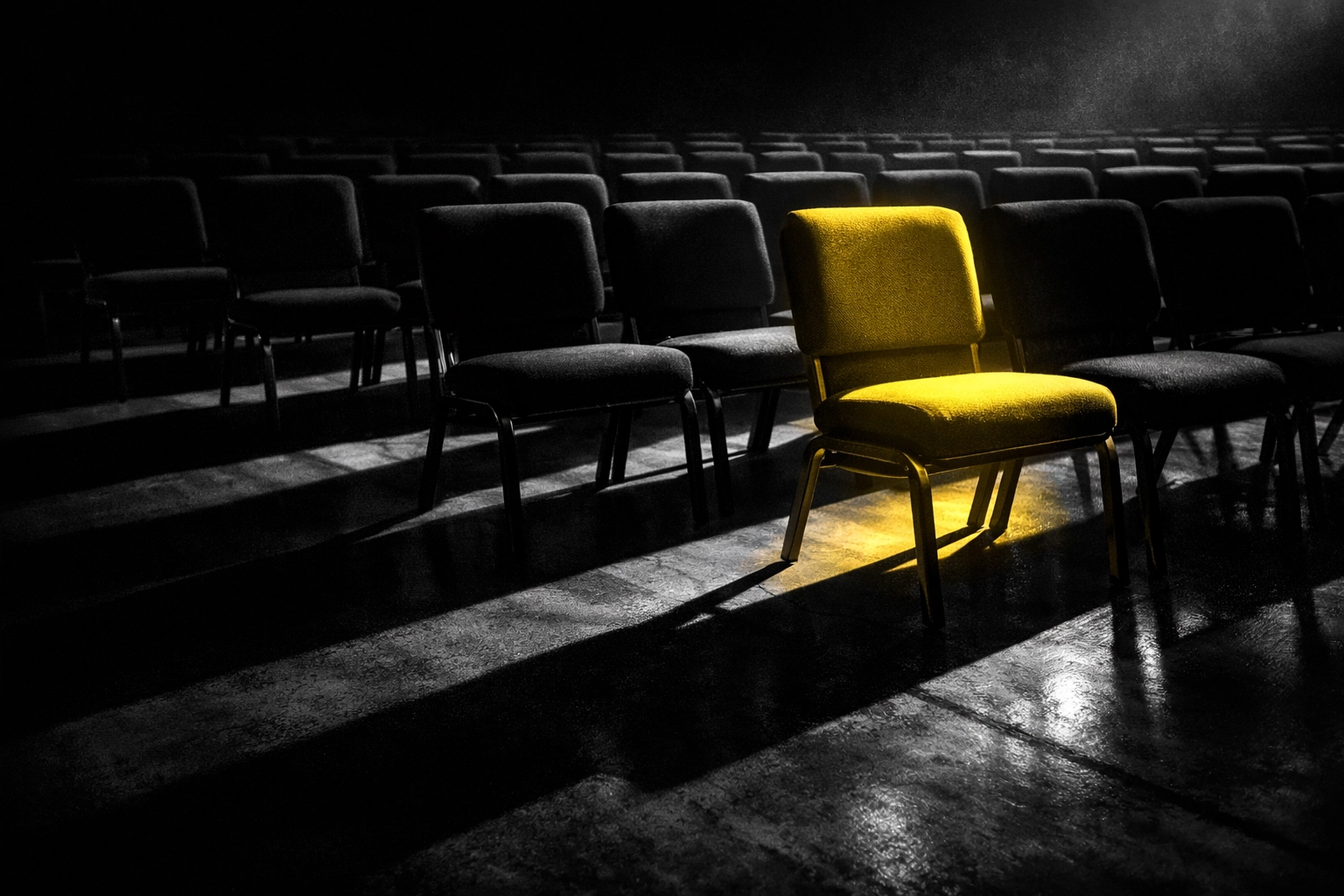 Empty church chairs with spotlight symbolizing faithful service and accountability in ministry