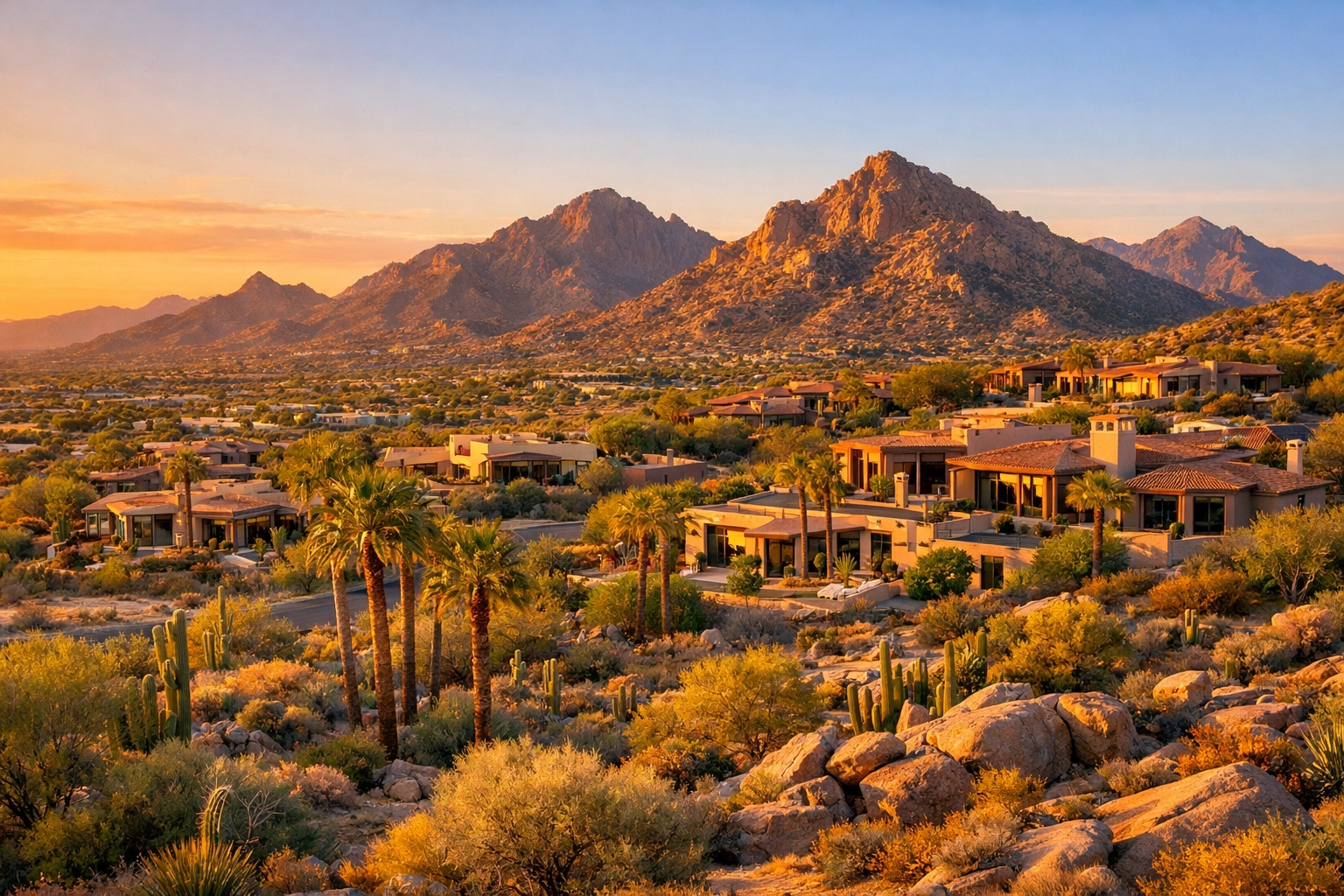 Beautiful Scottsdale desert landscape with upscale homes and mountain views