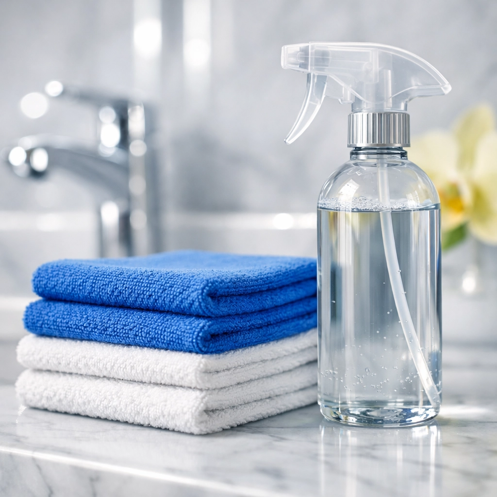 Professional maid services Lowell cleaning supplies and microfiber cloths on a polished marble counter.