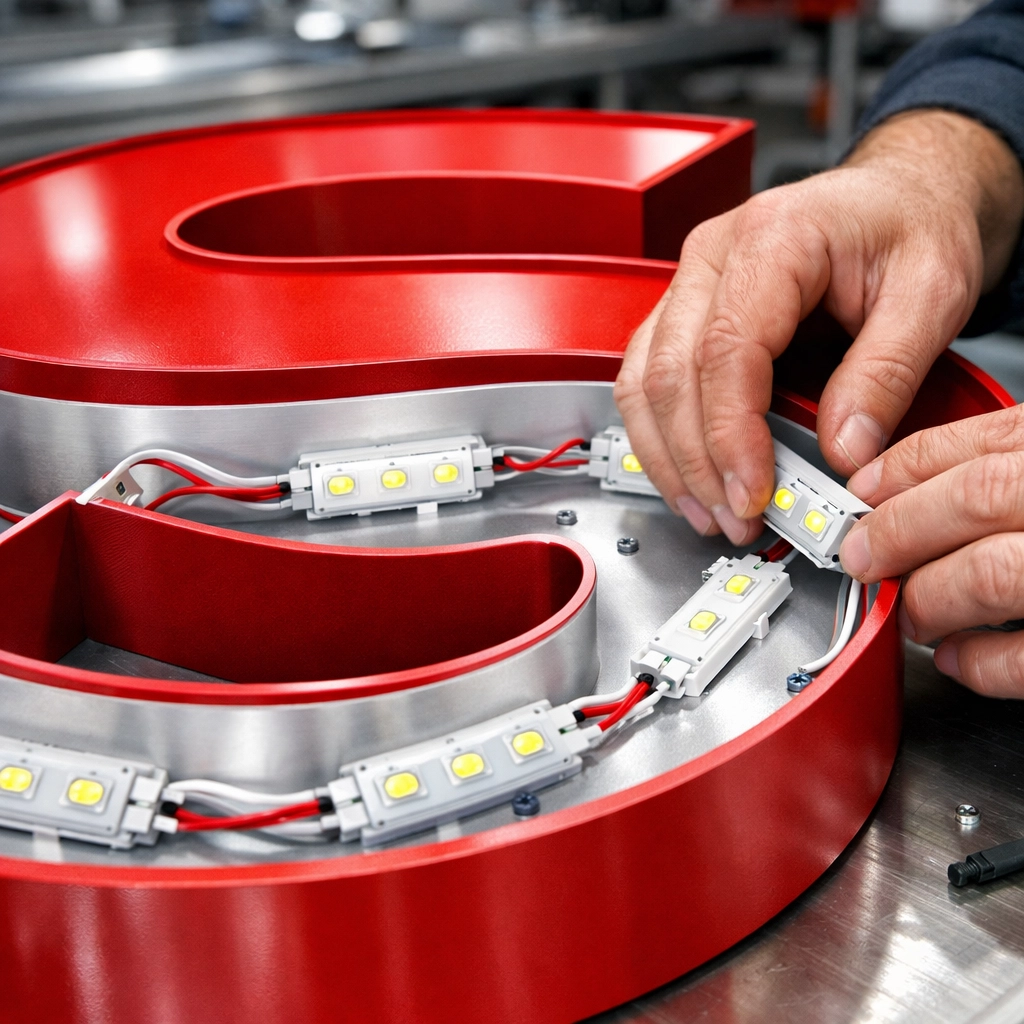 Expert technician installing energy-efficient LED modules in a custom aluminum sign letter.