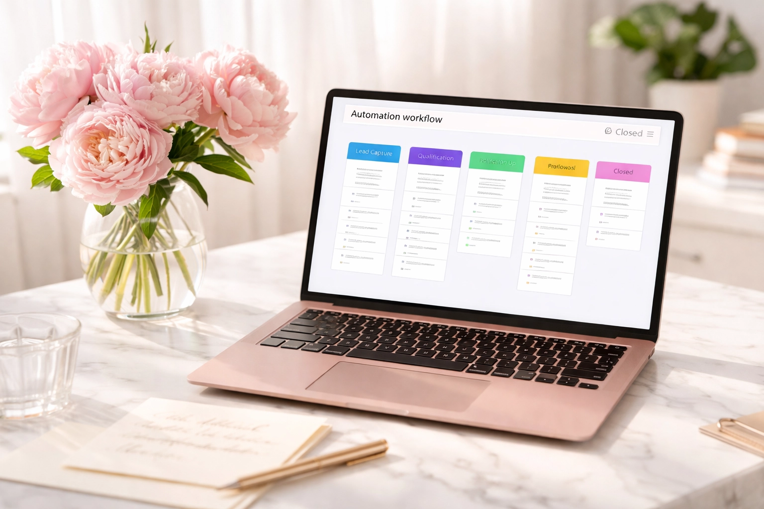 Modern workspace with a laptop showing an automation workflow, fresh peonies, and a handwritten note, illustrating the balance between business systems and personal touch for coaches.