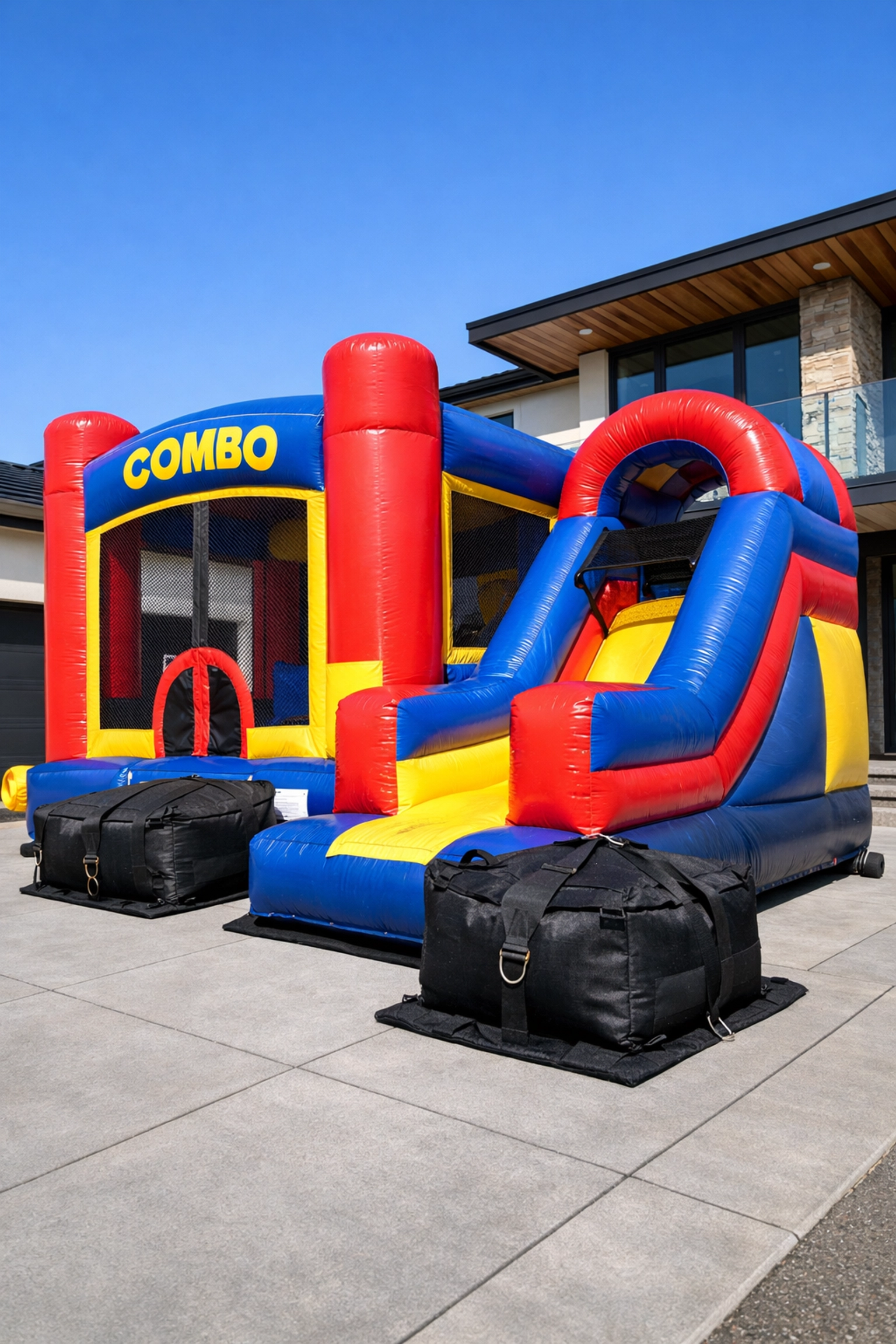 Combo bouncy castle rental safely secured with sandbags on a paved driveway in Comox.