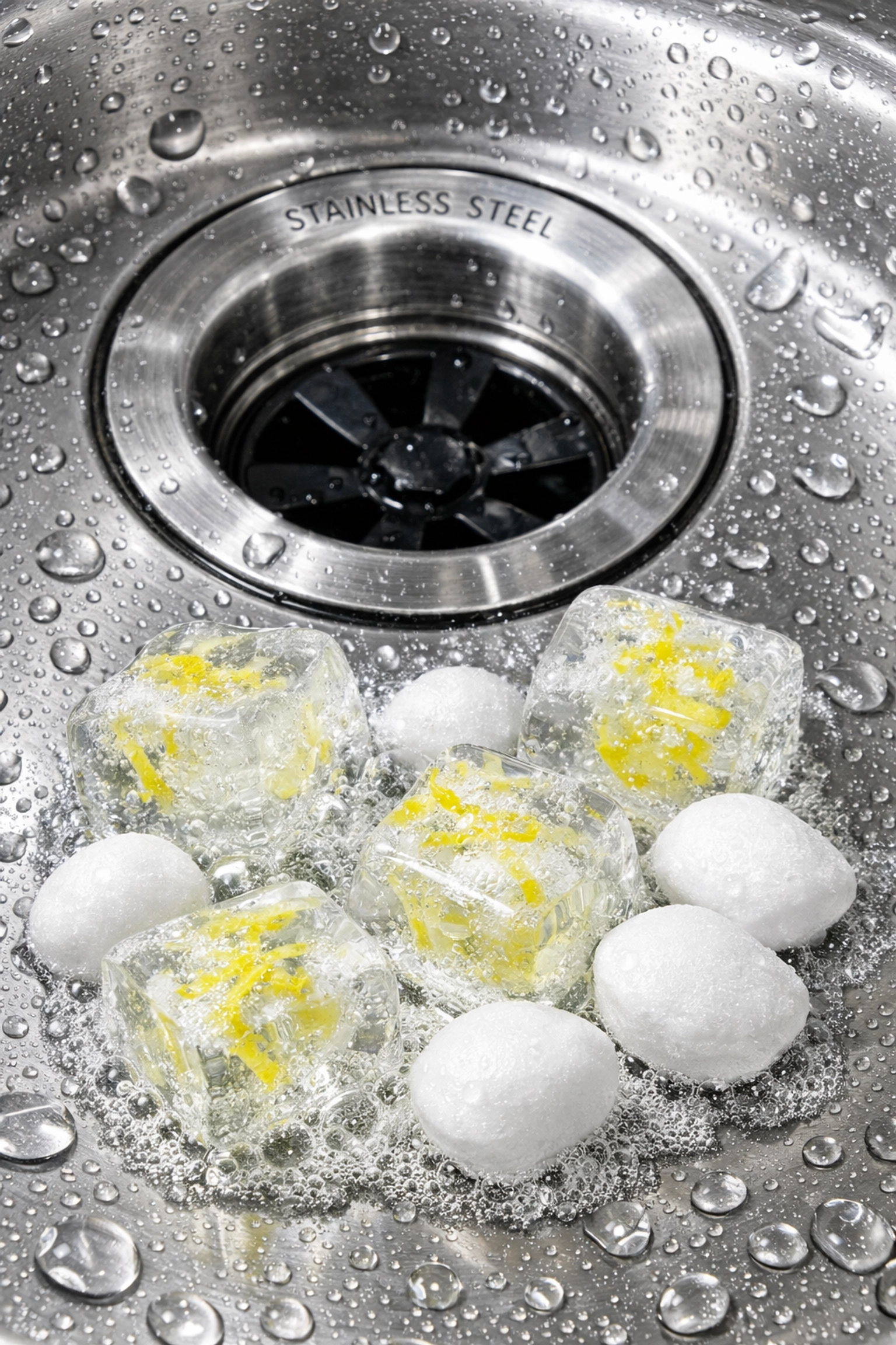Fizzing vinegar ice cubes and baking soda pods cleaning a stainless steel garbage disposal drain.