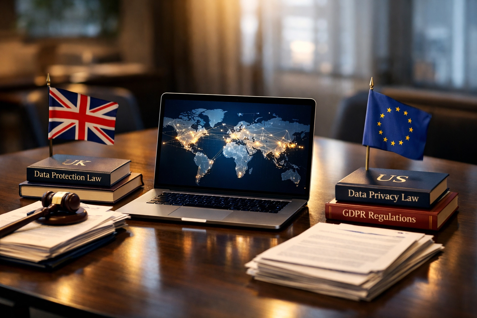 UK, EU, and US flags with legal documents showing cross-border data privacy compliance requirements