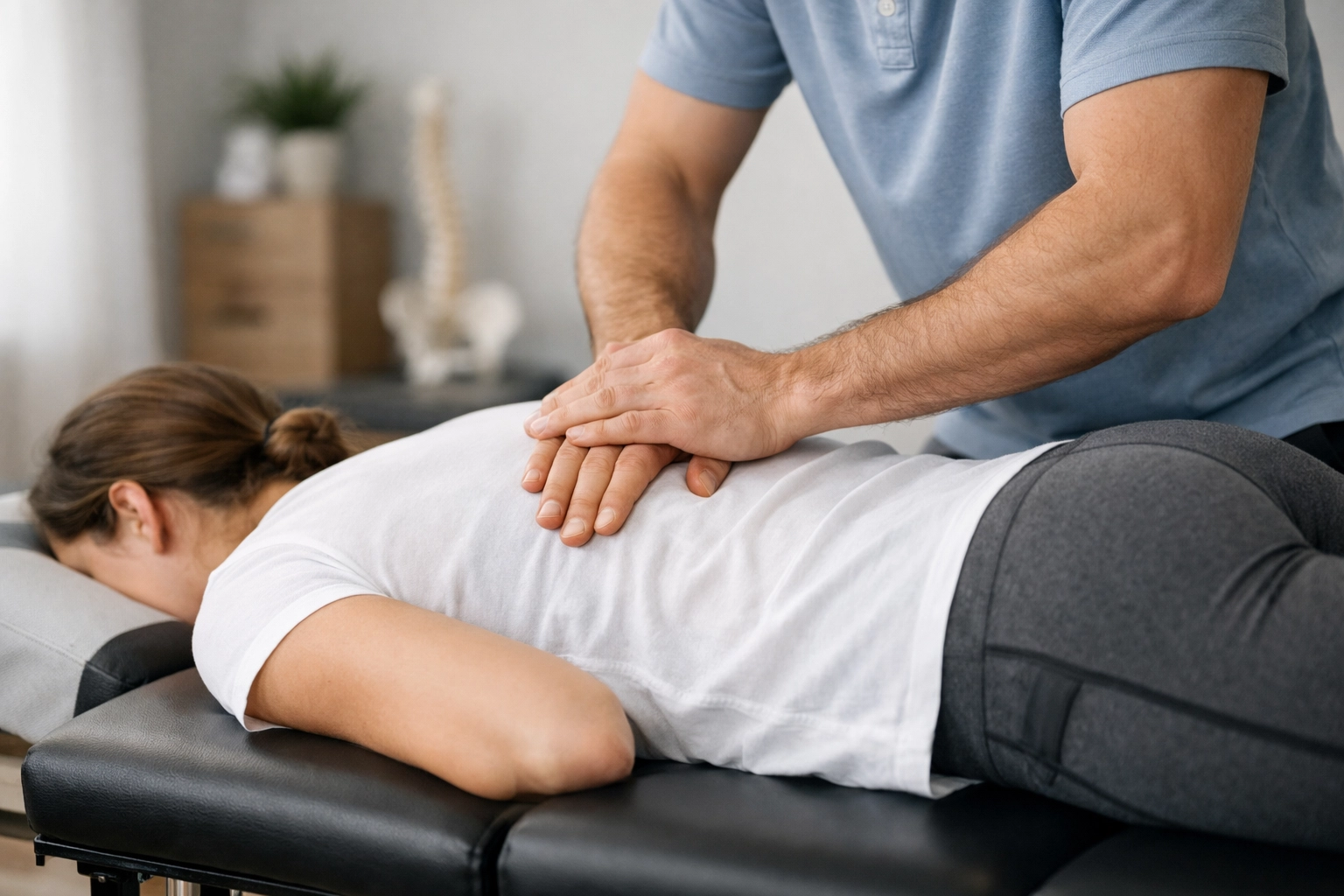 Chiropractor performing gentle spinal adjustment as part of non-invasive pain treatment
