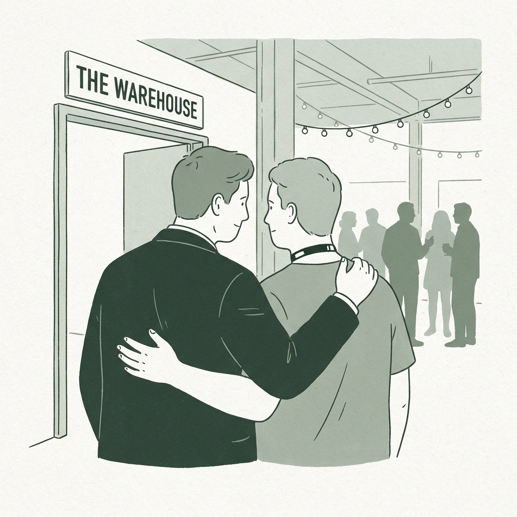 Two men embrace at pup play fetish club entrance showing MM romance community connection