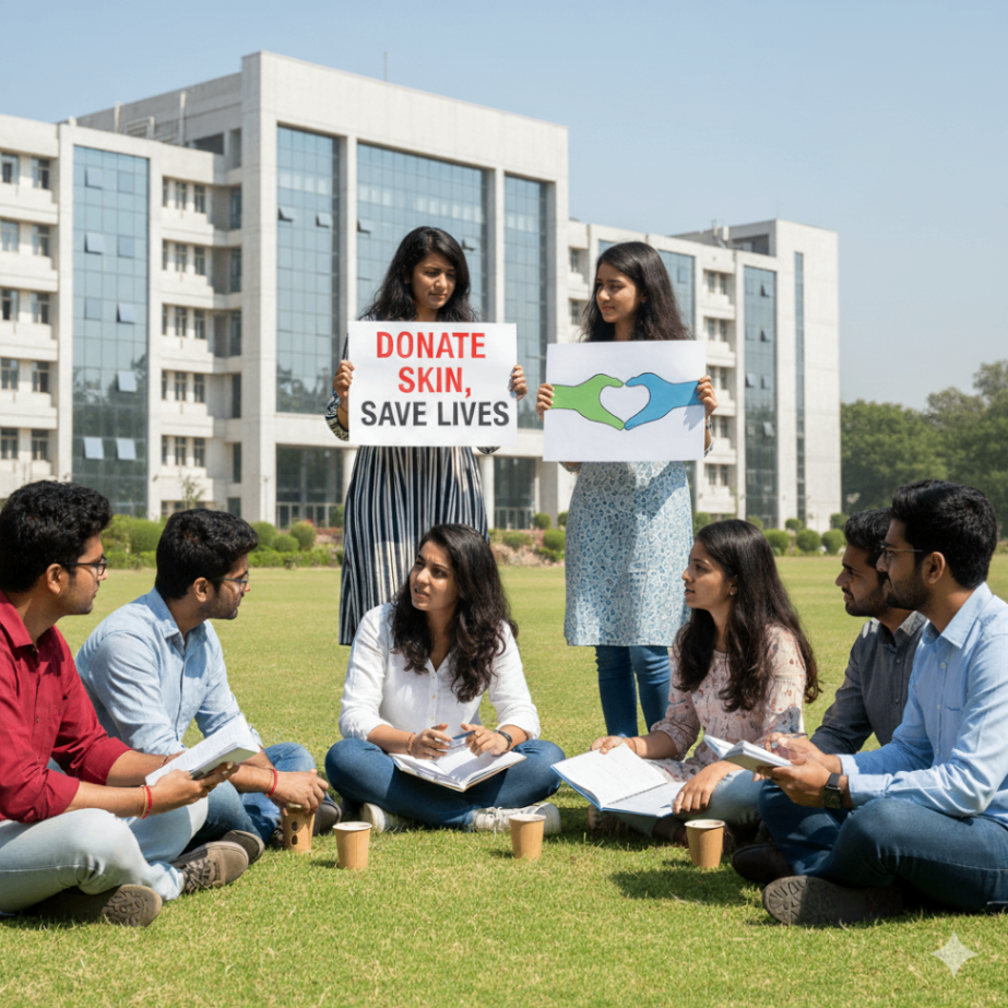 Skin'd India Youth Awareness Event A group of young people sit in a circle on campus grounds, actively discussing with notebooks and coffee cups, while two members stand behind holding awareness signs promoting skin donation and its life-saving impact. This scene reflects Skin'd India's mission to educate and encourage pledges for skin donation among the youth.