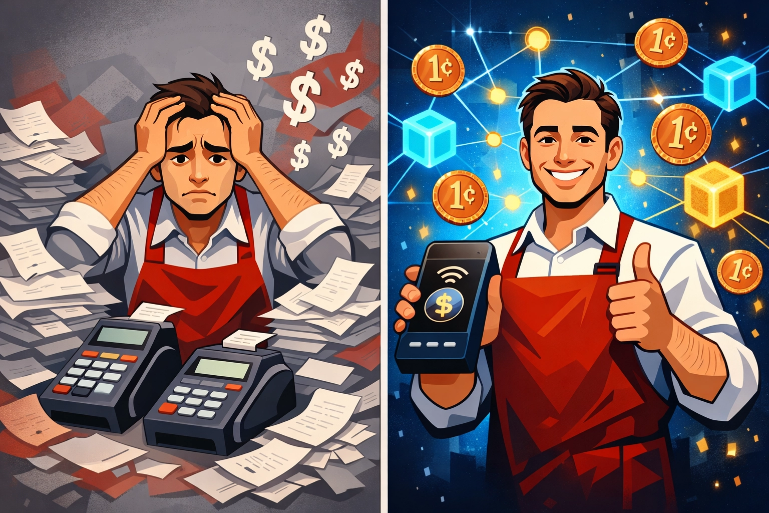 Comparison of traditional high-fee card payments versus low-cost crypto payment processing