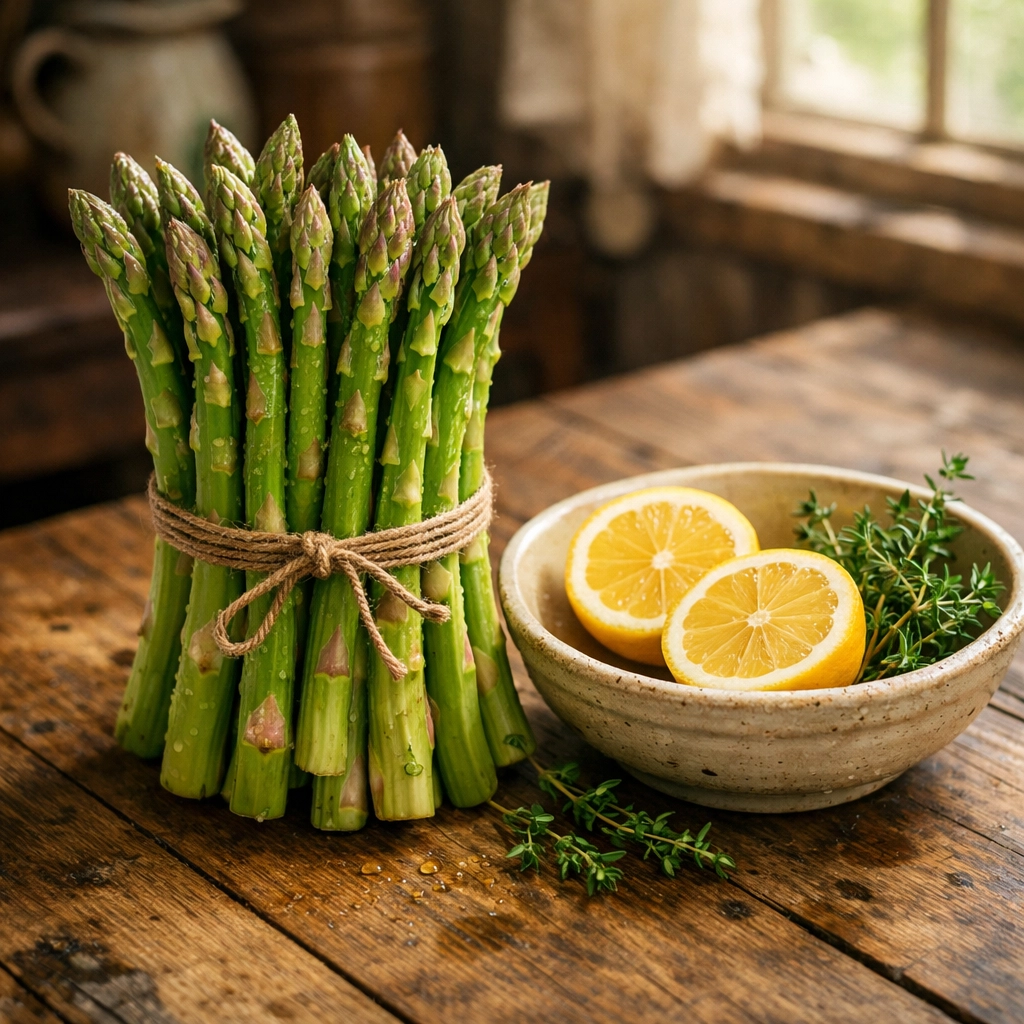 Freshly harvested bundle of local PNW asparagus on a rustic wooden table with lemons and herbs.