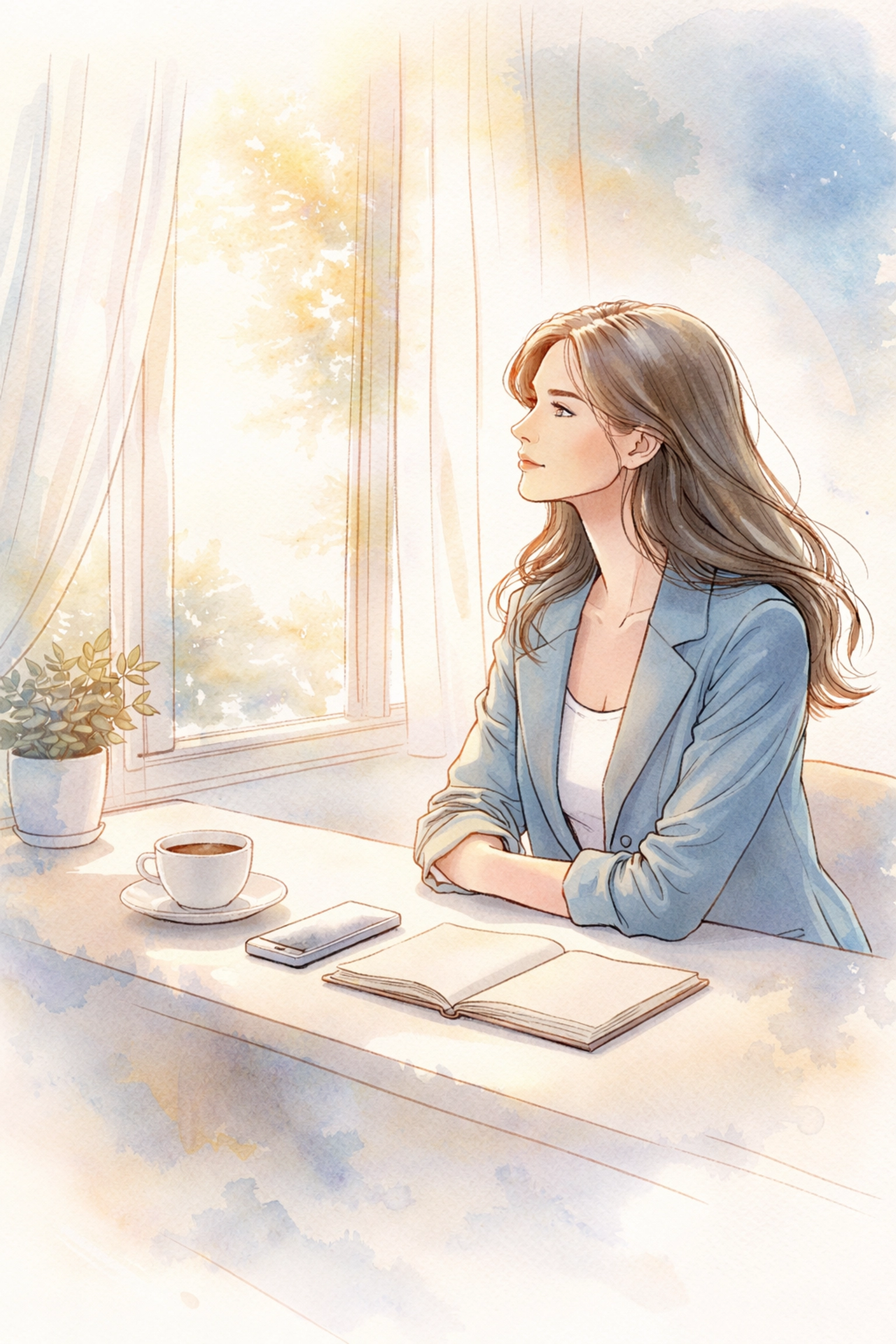 Young Christian woman reflecting at her desk, practicing honesty and self-awareness in digital dating.