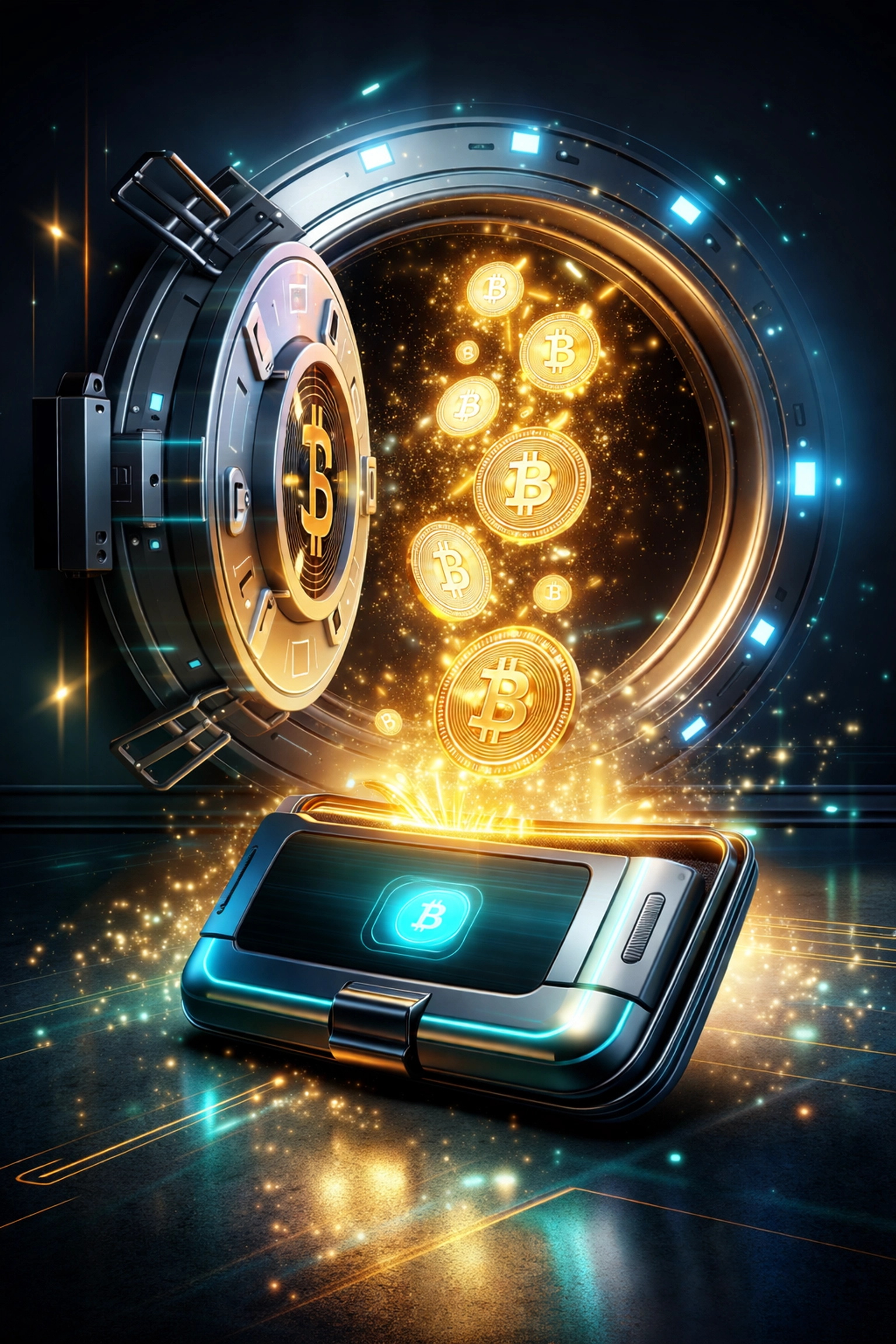 Futuristic vault with digital coins flowing into a wallet, illustrating Larecoin self-custody crypto payment security.
