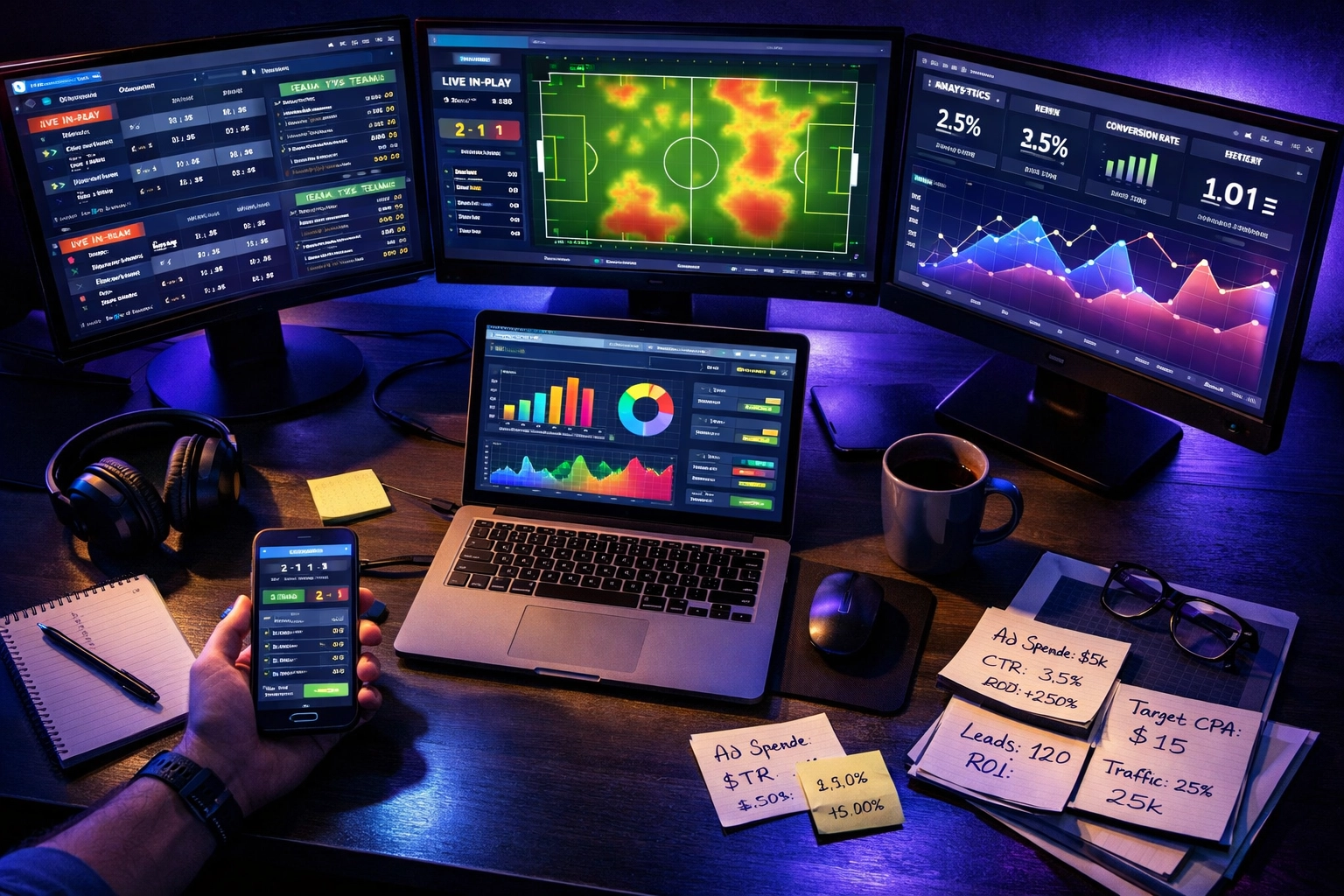 Sports betting analytics dashboard showing performance marketing metrics and live odds data