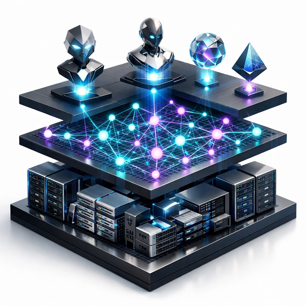 ServiceNow ITOM infrastructure layers showing enterprise servers, service dependencies, and AI agents
