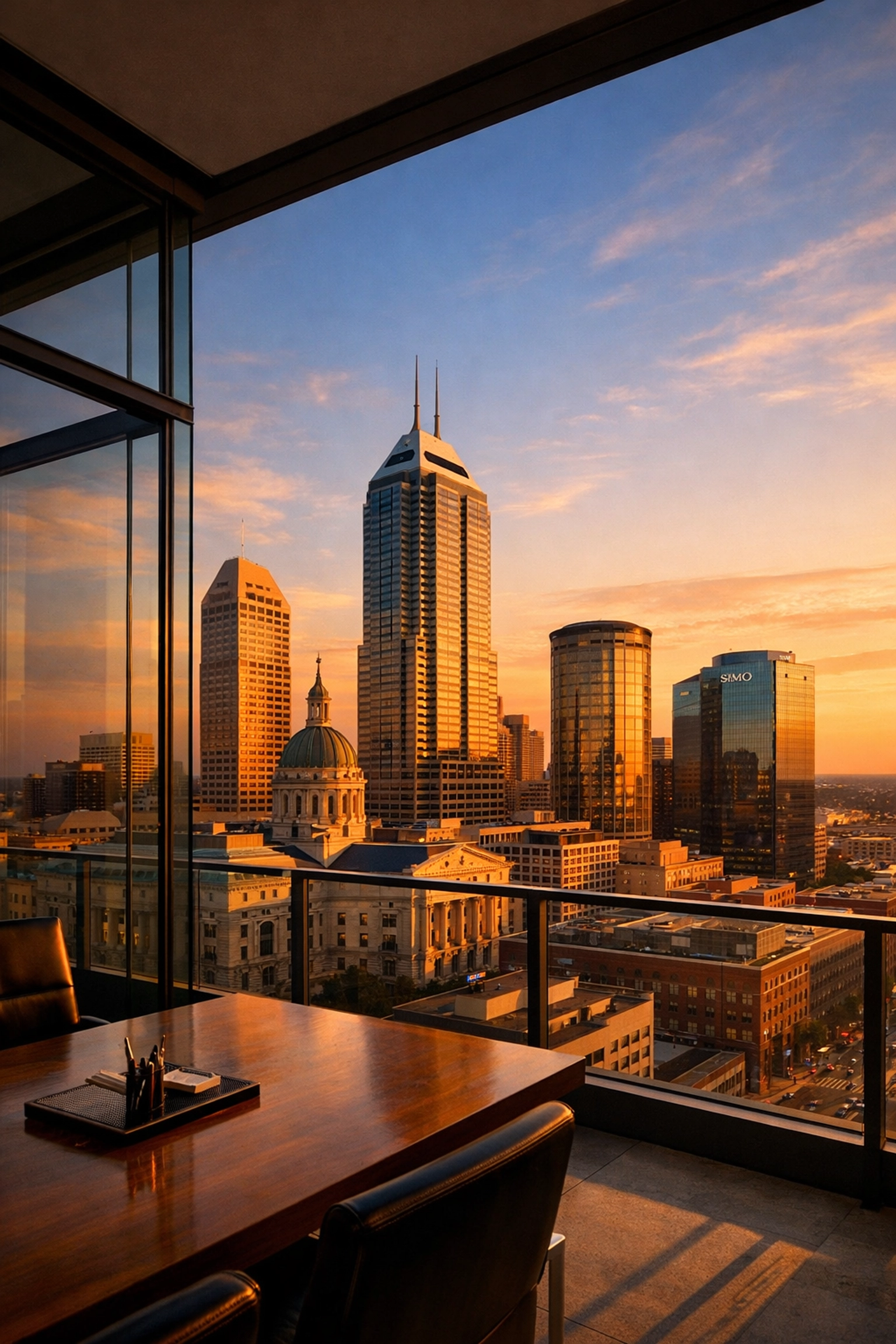 The Indianapolis skyline from a professional property management office in the Midwest.