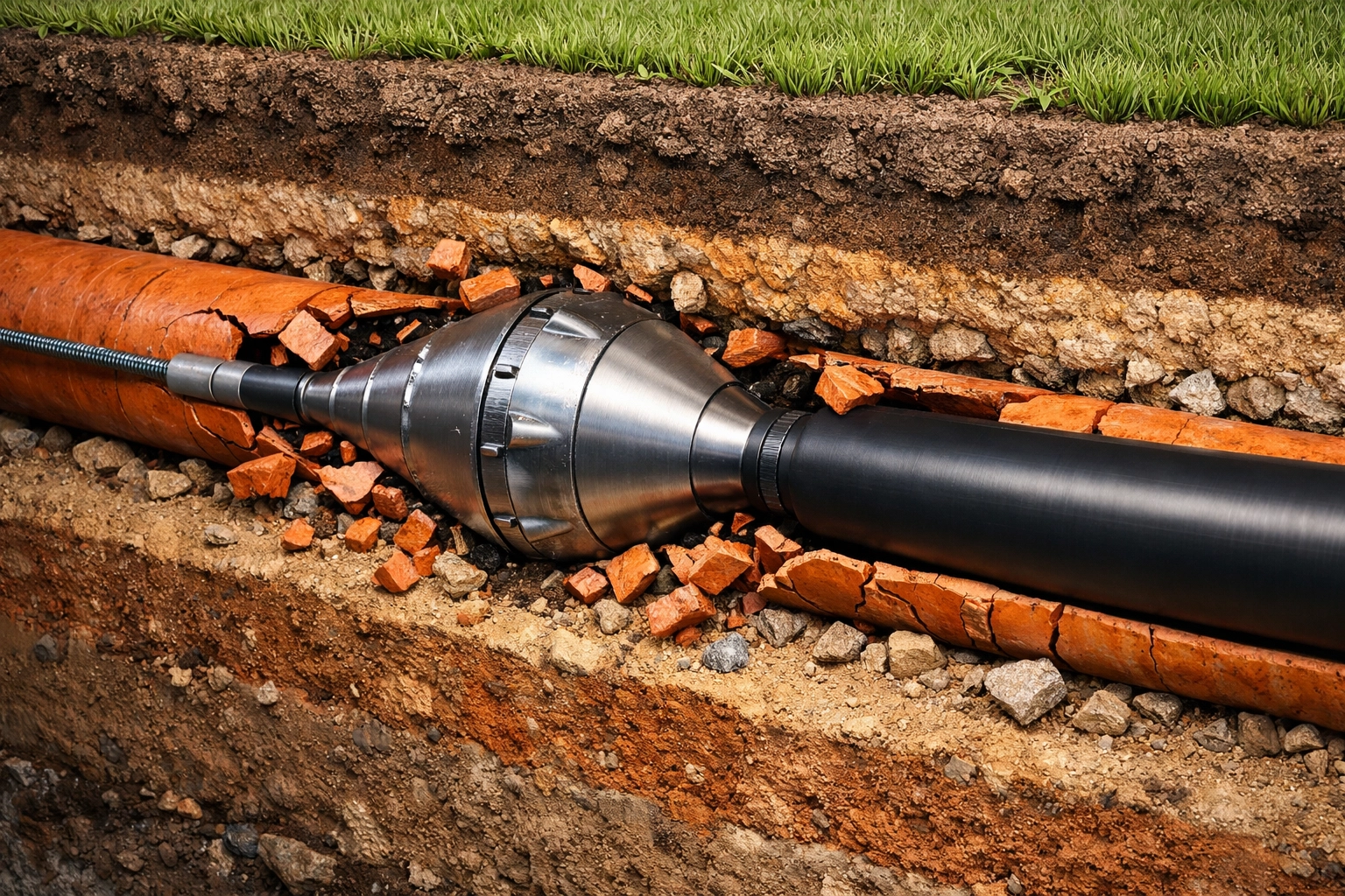 Trenchless pipe bursting head replacing an old clay sewer line with a new HDPE pipe underground.