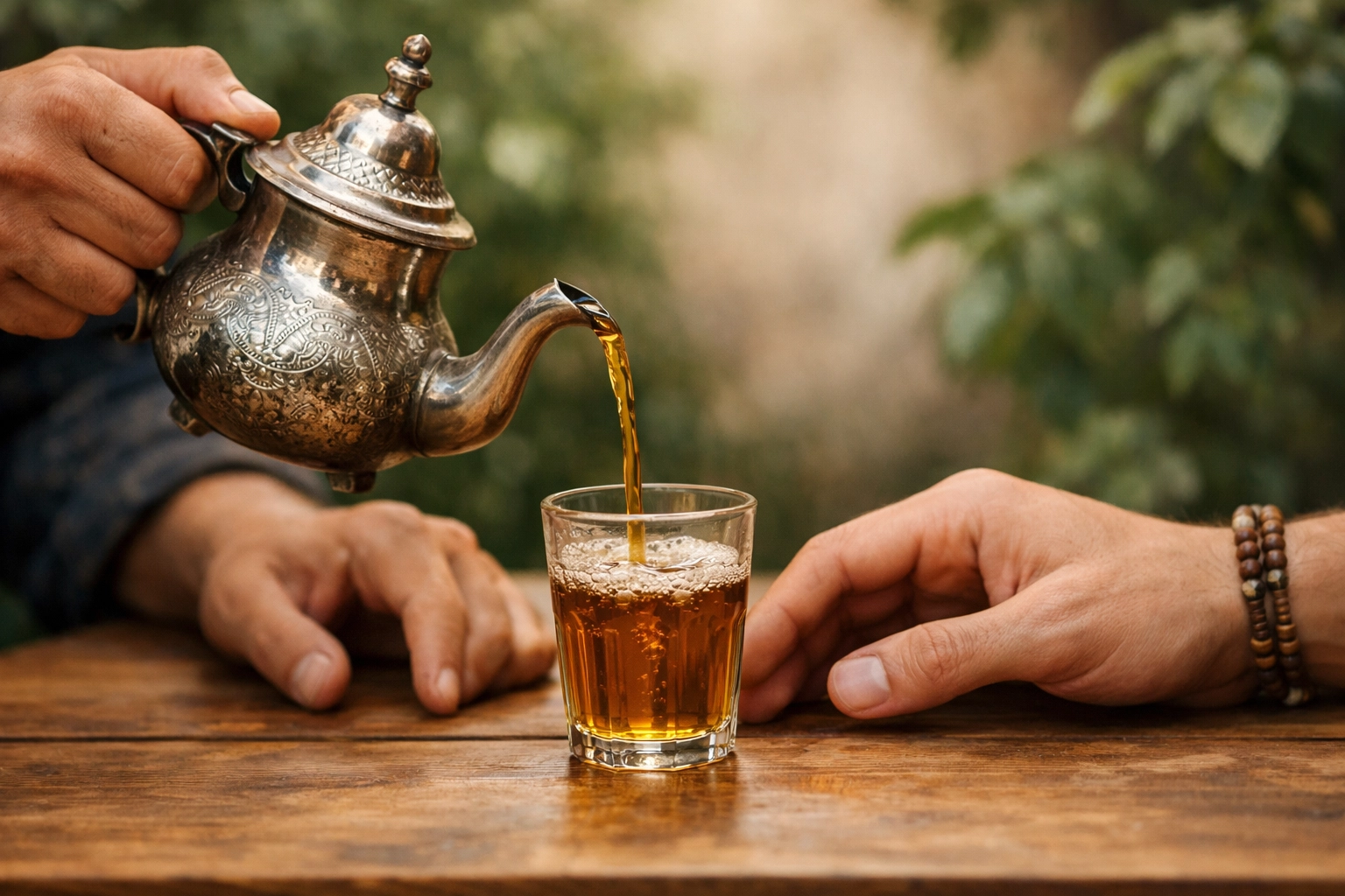 Two people sharing tea in a gesture of friendship and hospitality, symbolizing peace and grace.