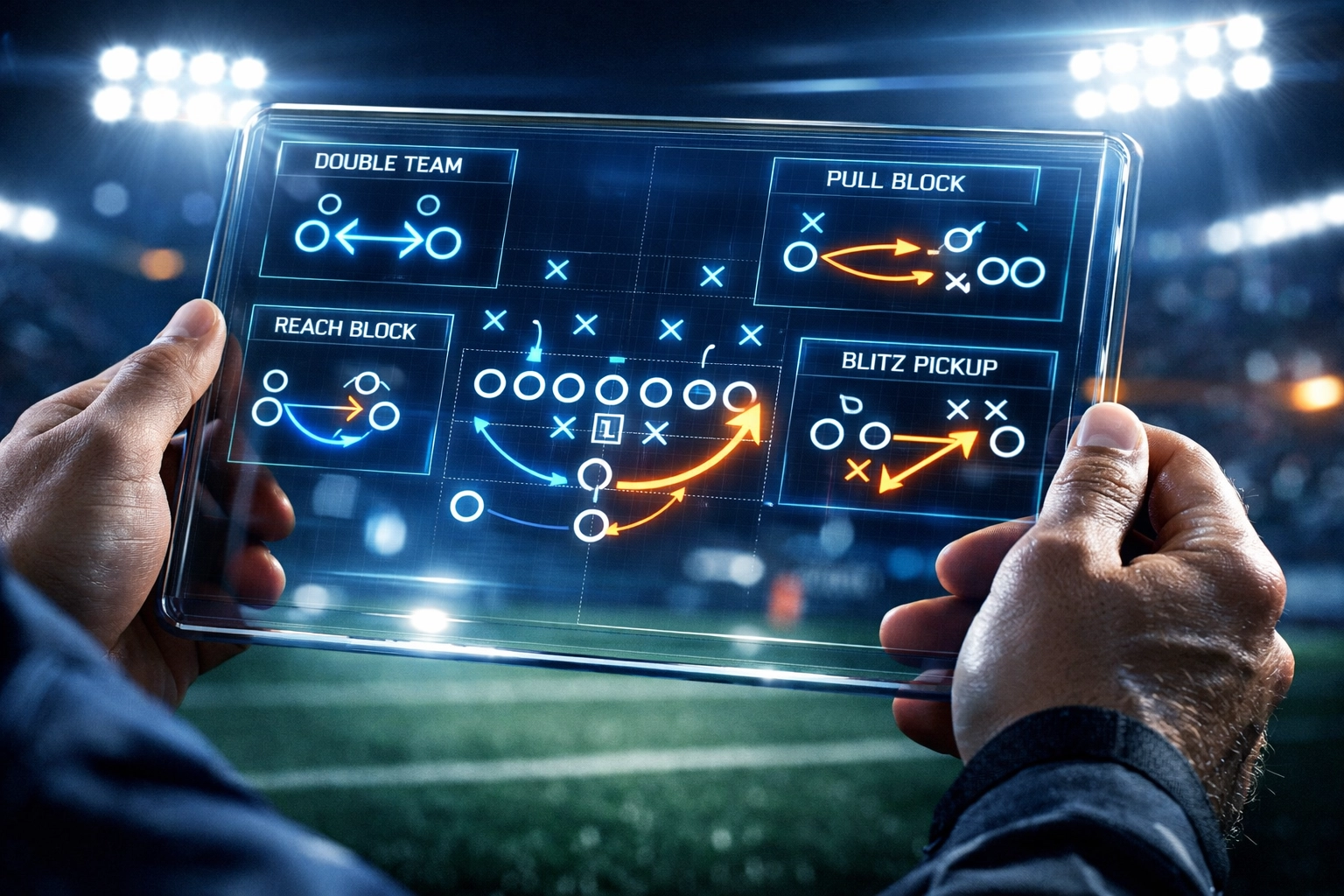 Football coach reviewing digital play diagrams on tablet for strategic training