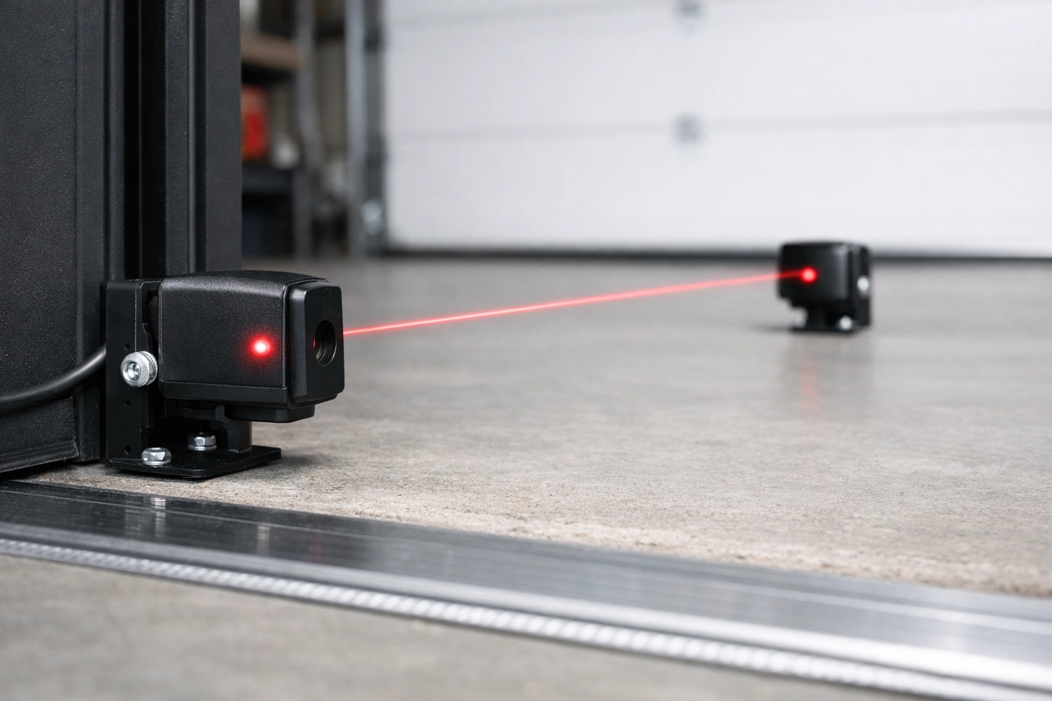 A universal garage door sensor pair installed at the standard height for optimal safety and performance.