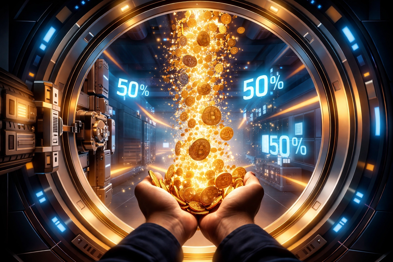 Merchant unlocking digital vault with streaming cryptocurrency coins, symbolizing reduced crypto payment fees and financial freedom with Larecoin self-custody merchant accounts