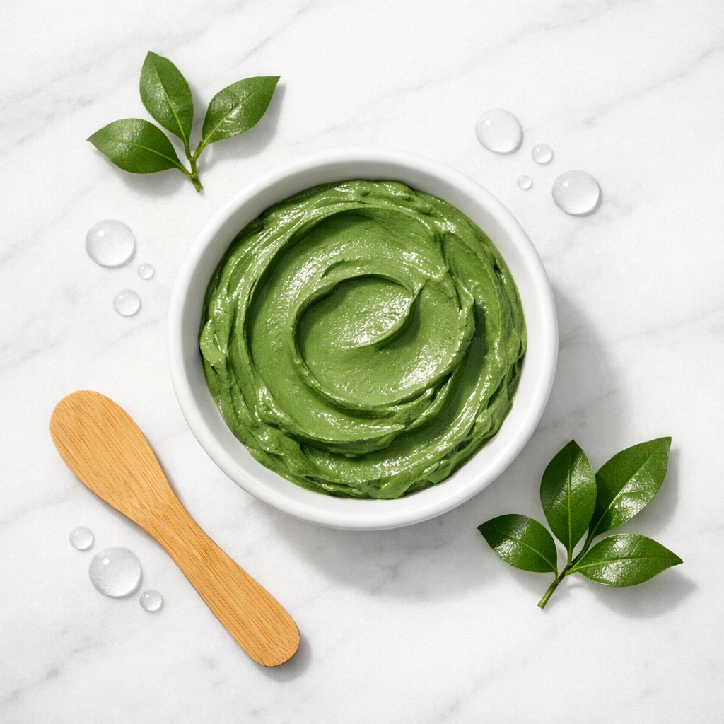 French green clay mask for pores in bowl with natural ingredients