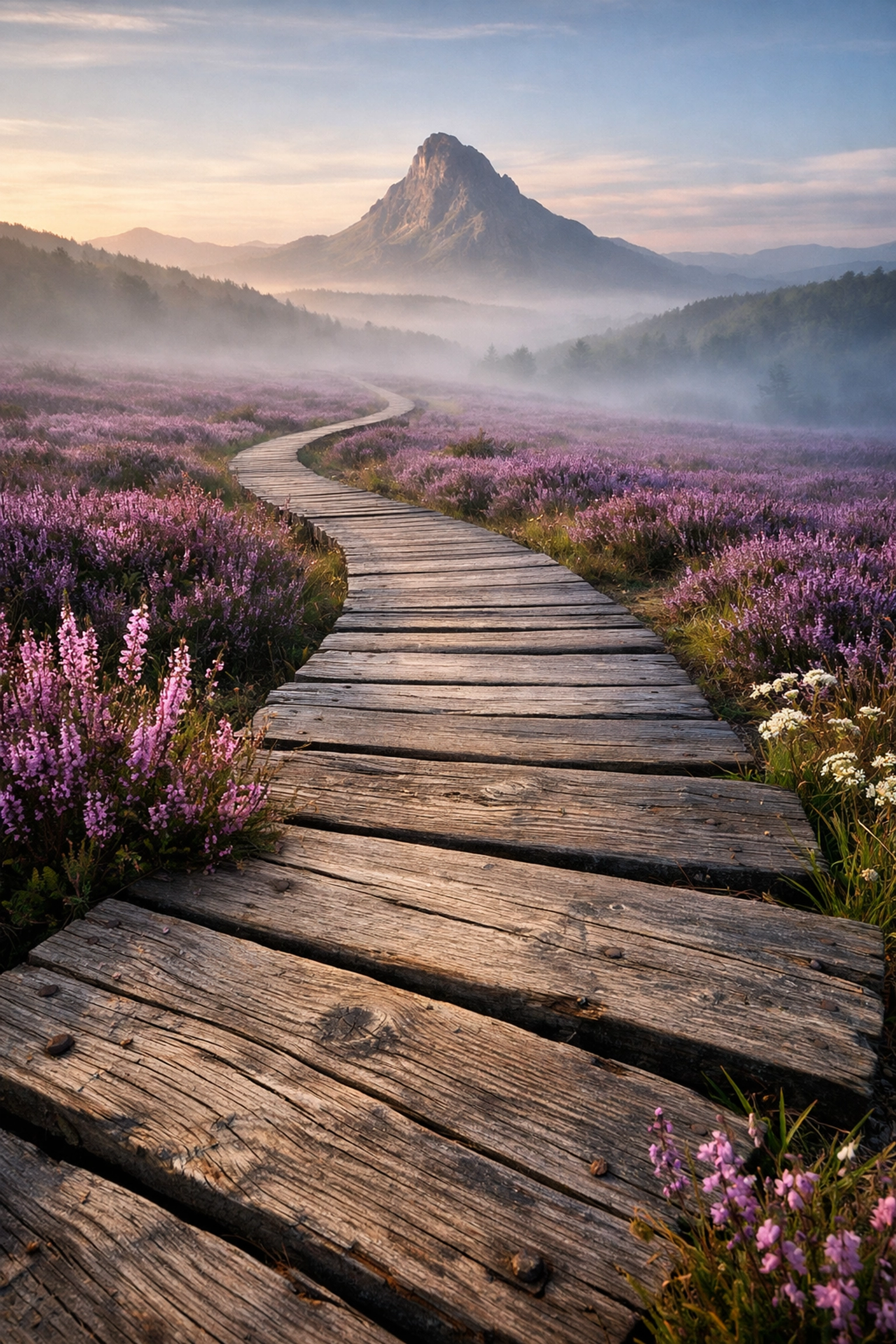Boardwalk leading lines through a heather field toward mountains illustrating landscape photography tips.