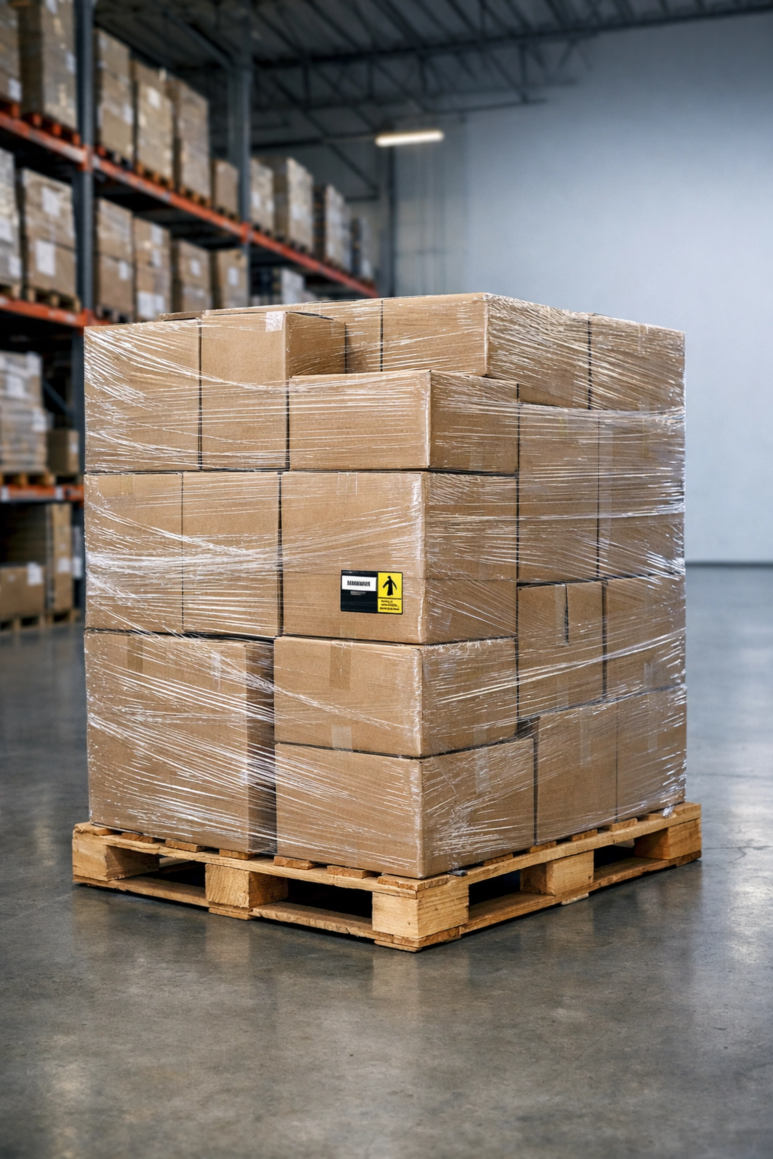 A securely wrapped liquidation pallet in a professional wholesale warehouse facility.