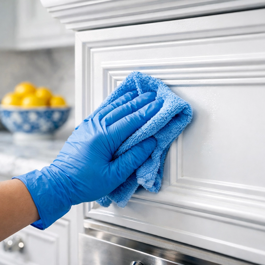 Professional deep cleaning services in Wellesley showing a technician cleaning white luxury kitchen cabinets.