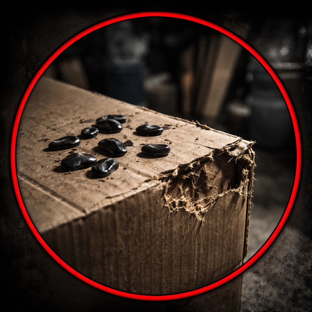 Close-up of rodent droppings and gnaw marks on a cardboard box, warning signs of infestation