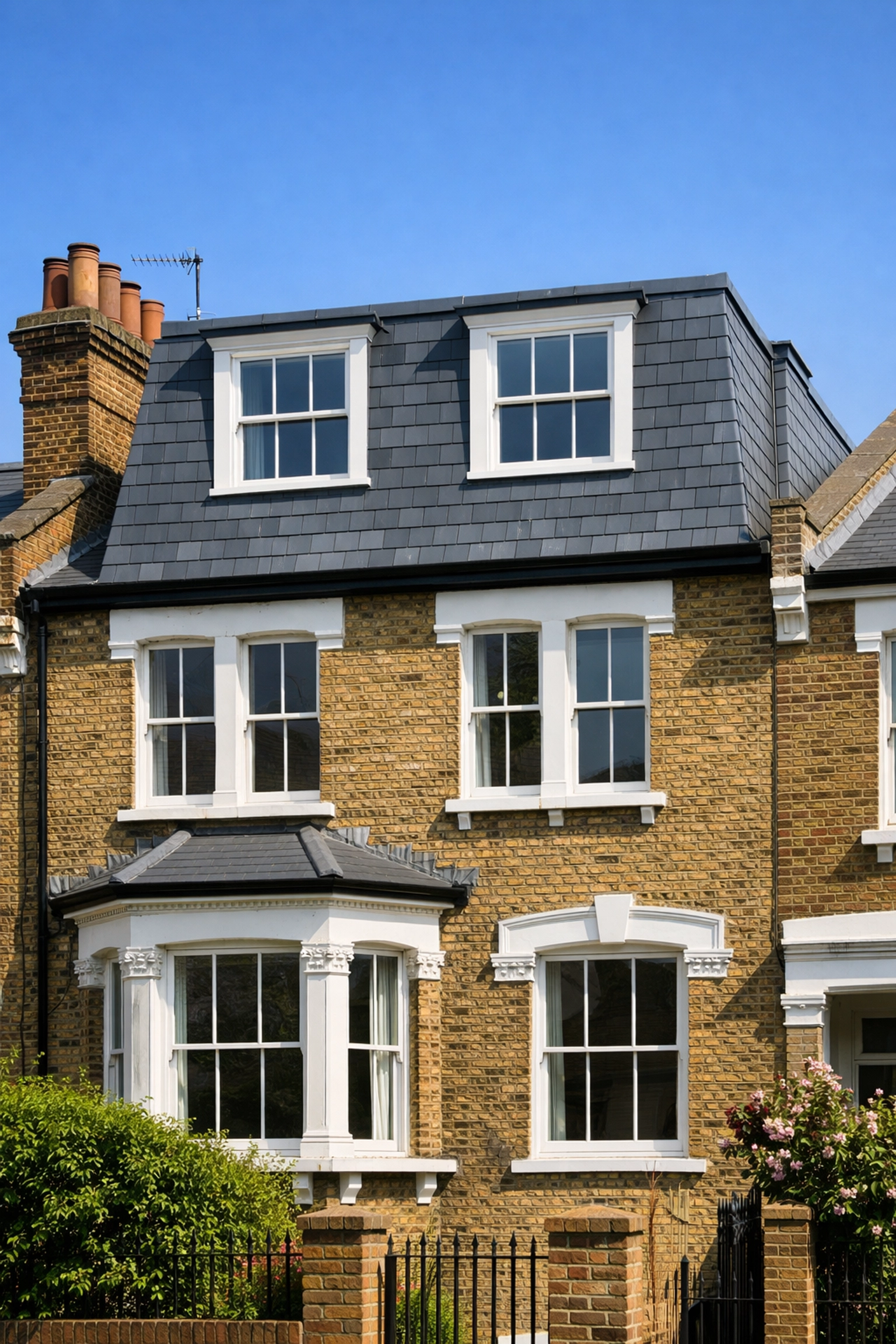 Completed Victorian Mansard loft conversion in Epping with traditional slate tiles and architectural sash windows.