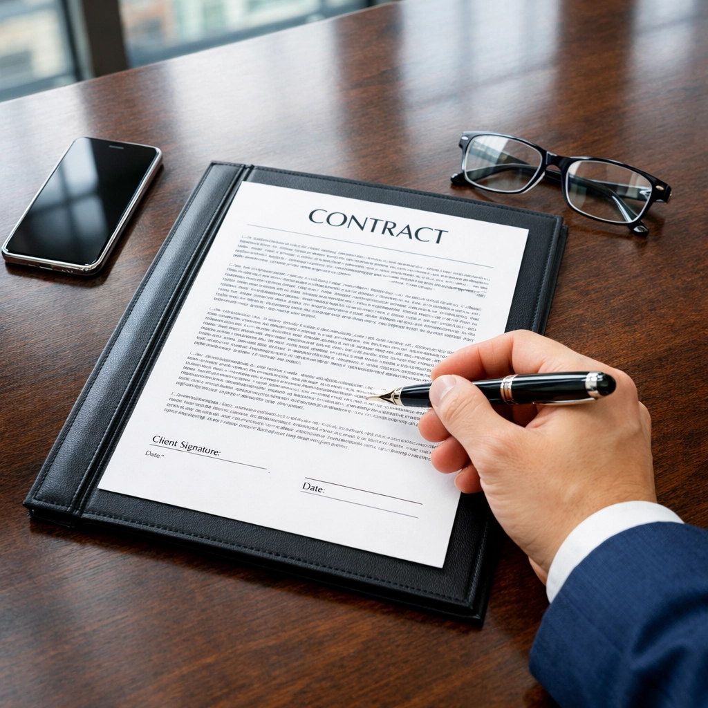 Corporate professional scrutinising a security service contract for hidden fees and service costs.