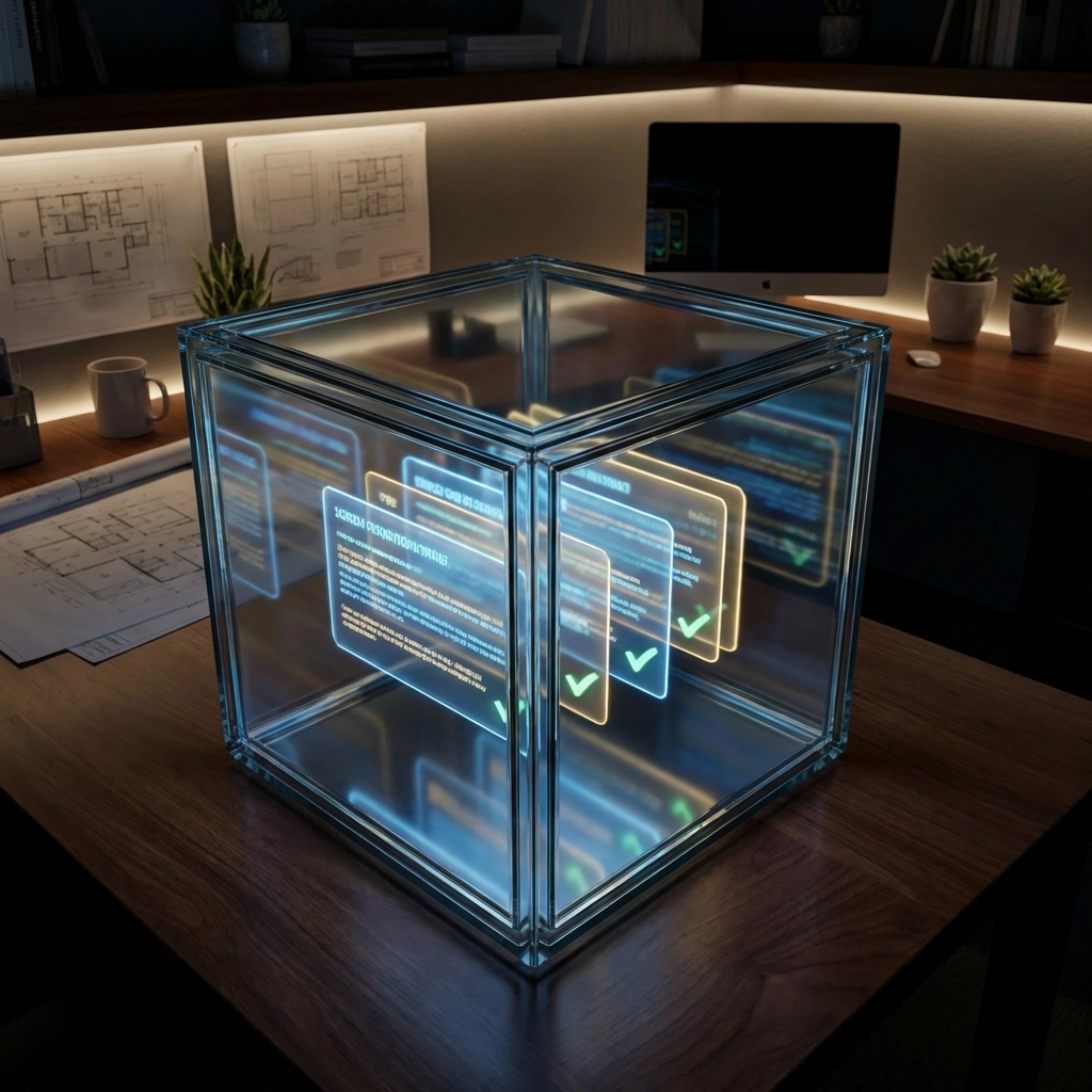 A glass safe filled with glowing digital receipts, illustrating Larecoin's NFT receipts for secure crypto accounting