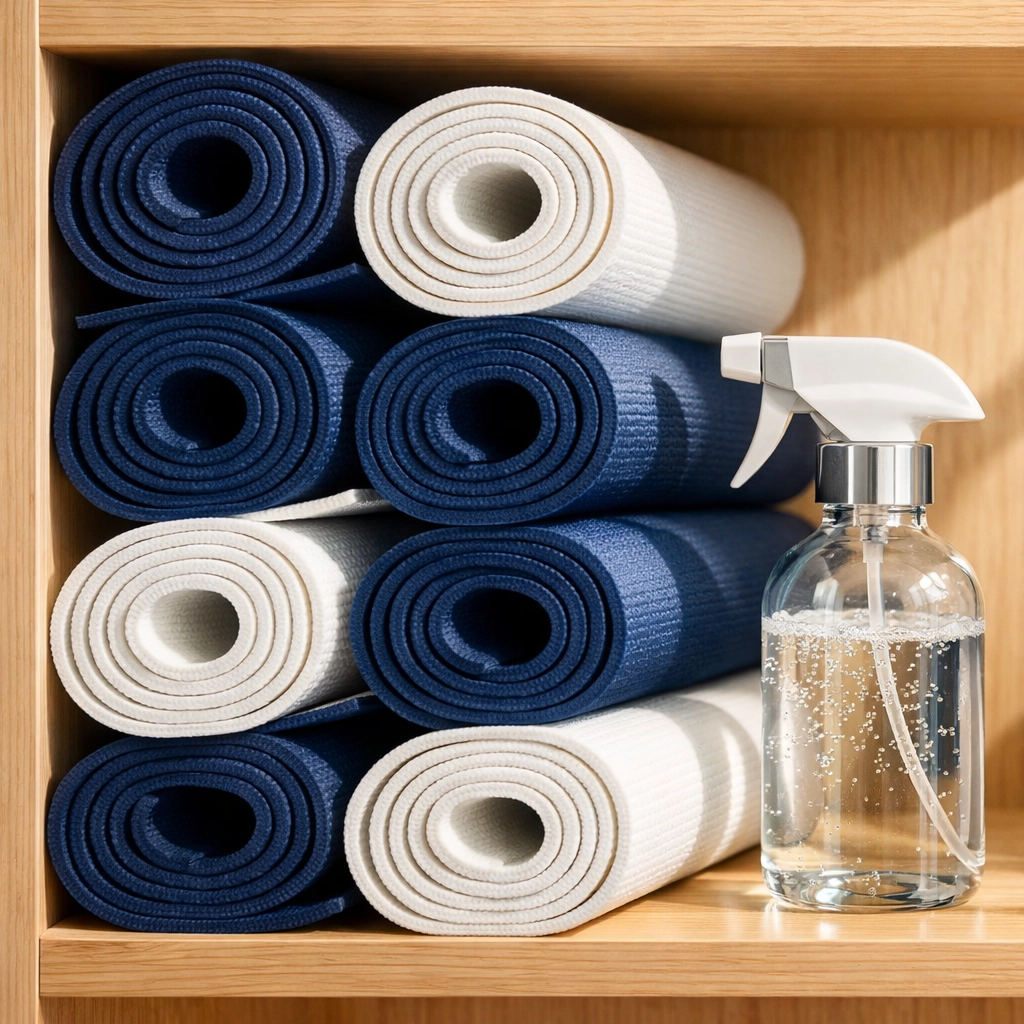 Rolled yoga mats and eco-friendly cleaning spray in a sunlit studio by The Cleaning Ninjas.