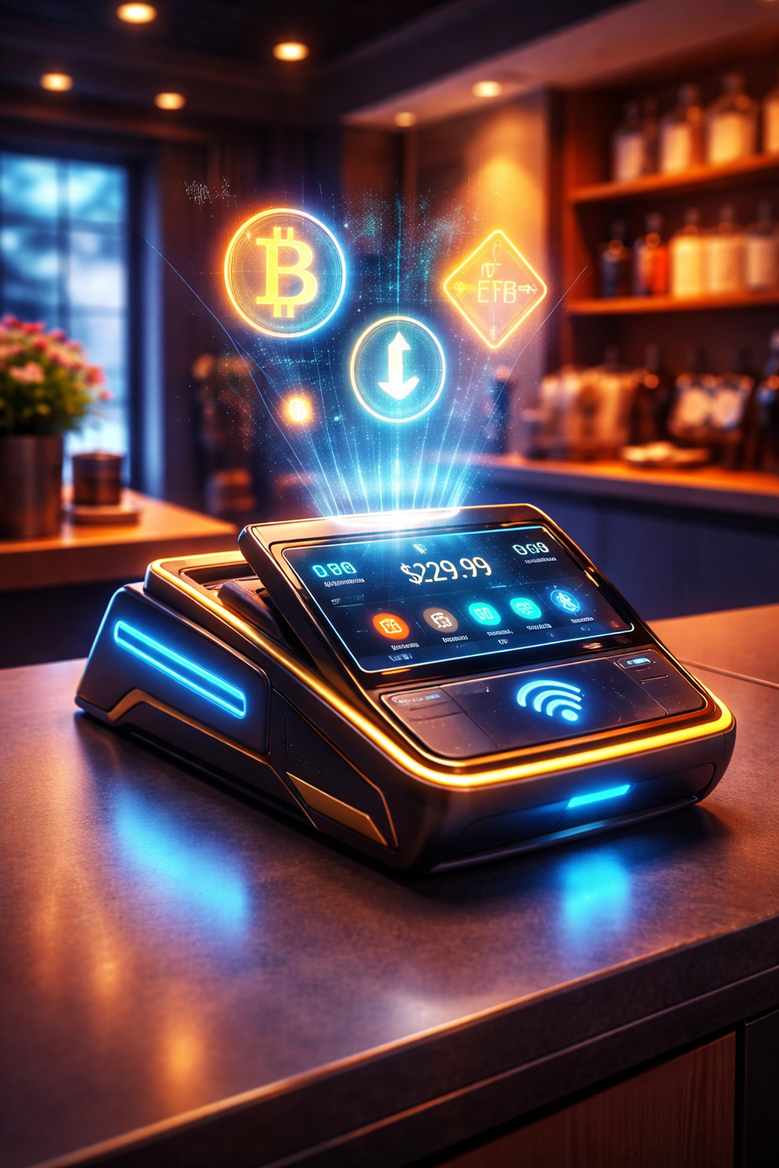 A modern crypto POS terminal with glowing accents in a boutique, symbolizing innovative Web3 payment solutions for small business.