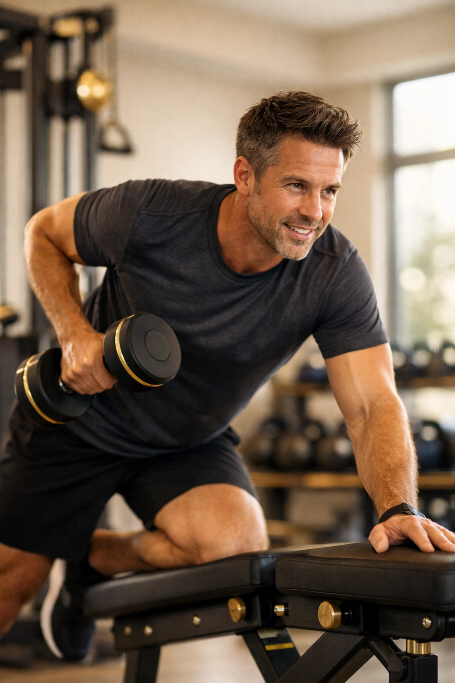 Man strength training at gym showing improved energy and fitness from testosterone therapy